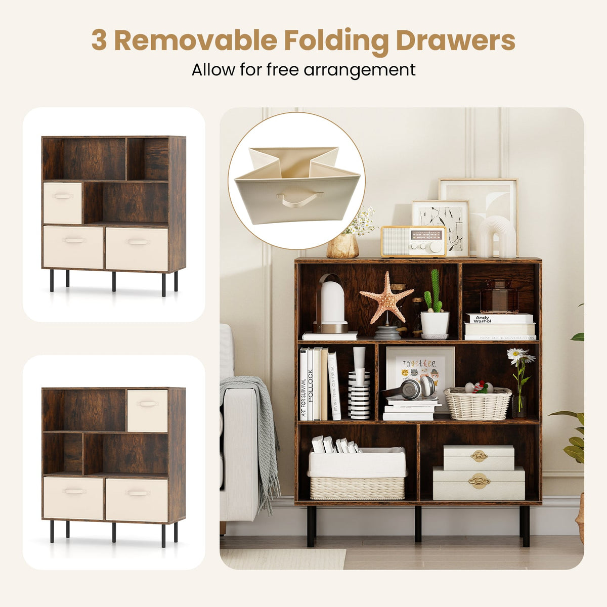 6-Cube Bookshelf with 3 Removable Folding Fabric Drawers for Living Room-Rustic Brown-Bookcases-DECOROLALA