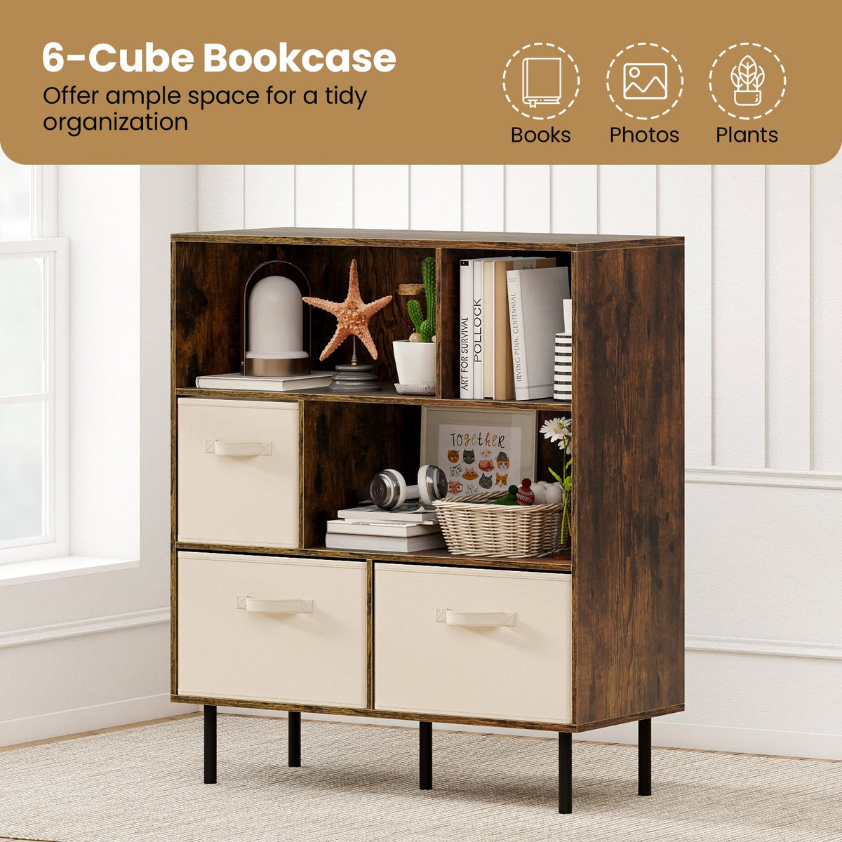 6-Cube Bookshelf with 3 Removable Folding Fabric Drawers for Living Room-Rustic Brown-Bookcases-DECOROLALA
