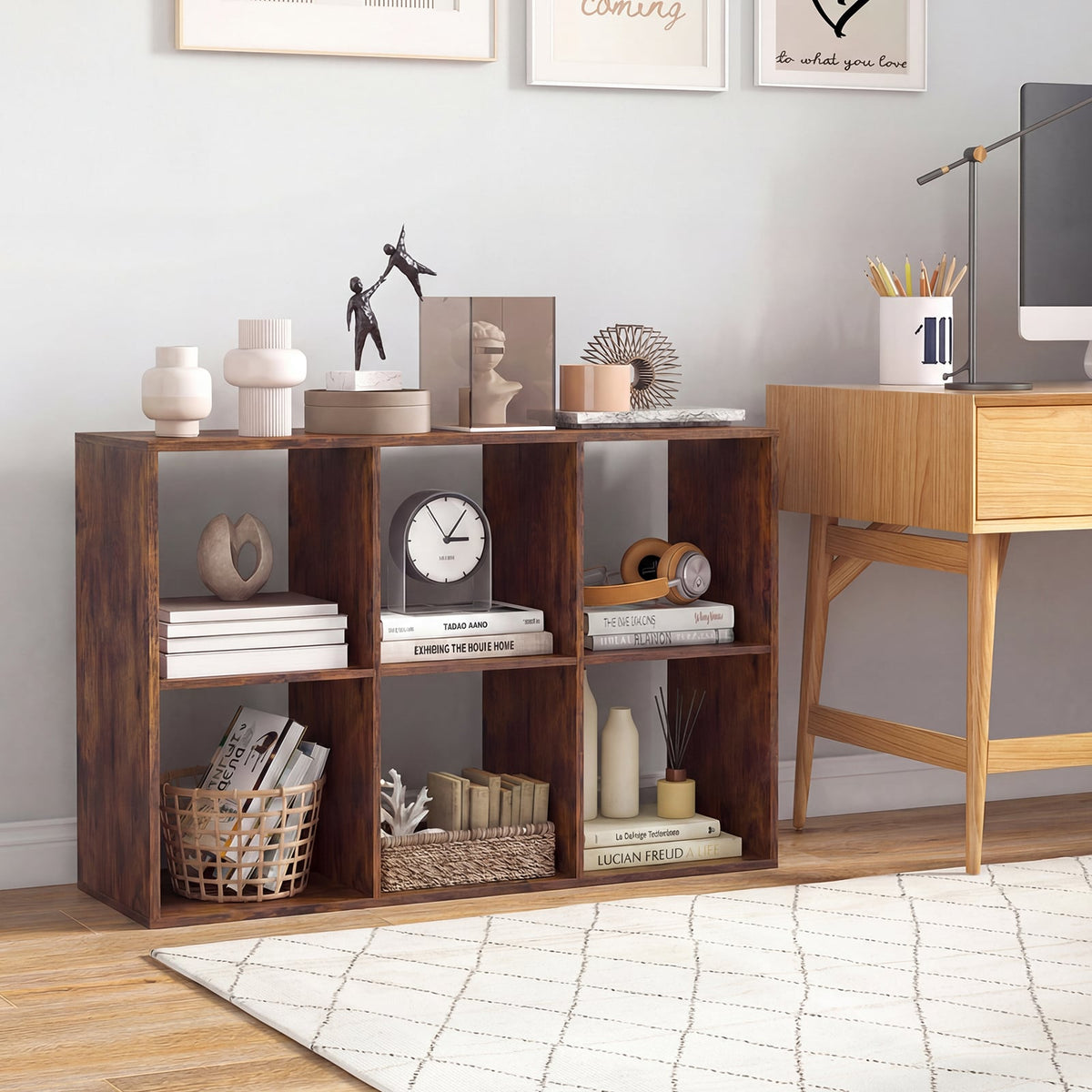 6 Cube Bookshelf with Back Guardrail for Living Room Bedroom-Rustic Brown-Bookcases-DECOROLALA