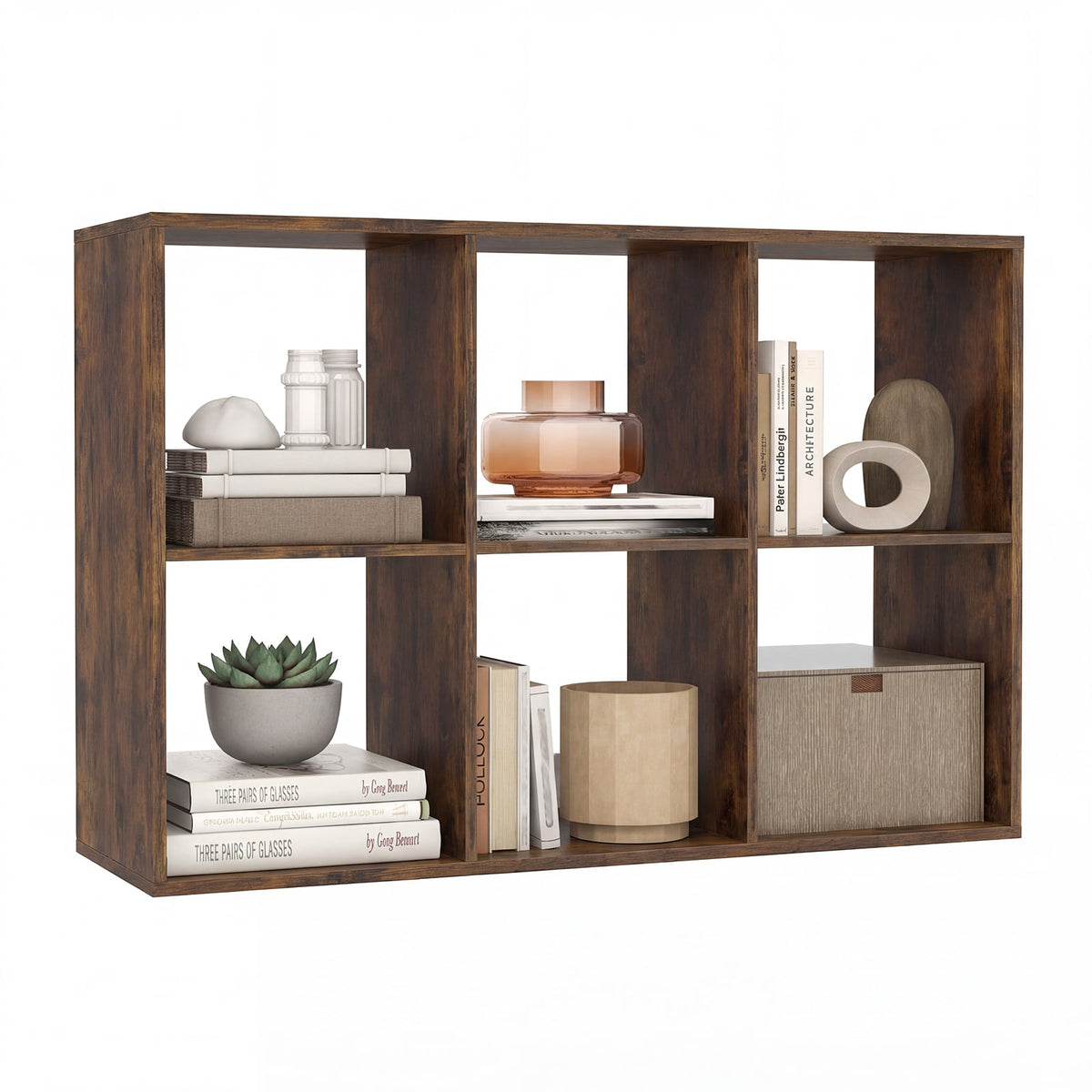 6 Cube Bookshelf with Back Guardrail for Living Room Bedroom-Rustic Brown-Bookcases-DECOROLALA