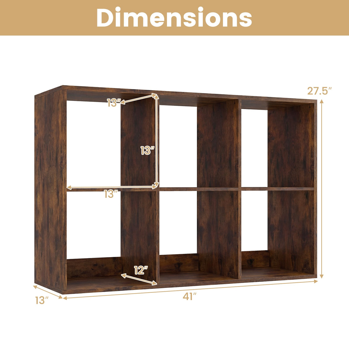 6 Cube Bookshelf with Back Guardrail for Living Room Bedroom-Rustic Brown-Bookcases-DECOROLALA