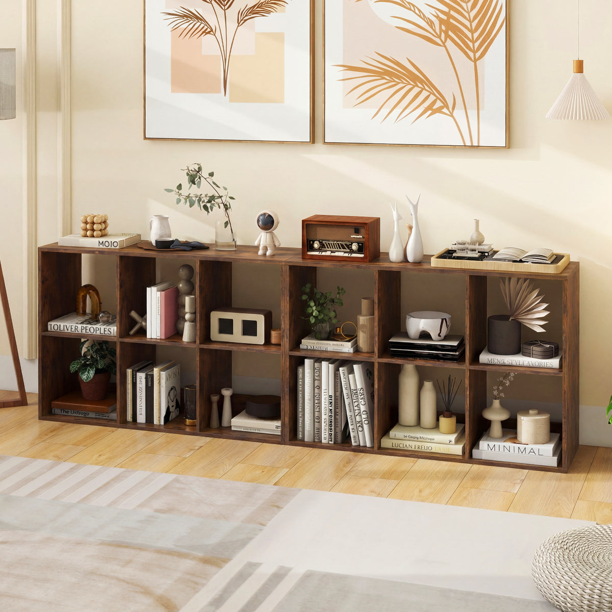 6 Cube Bookshelf with Back Guardrail for Living Room Bedroom-Rustic Brown-Bookcases-DECOROLALA