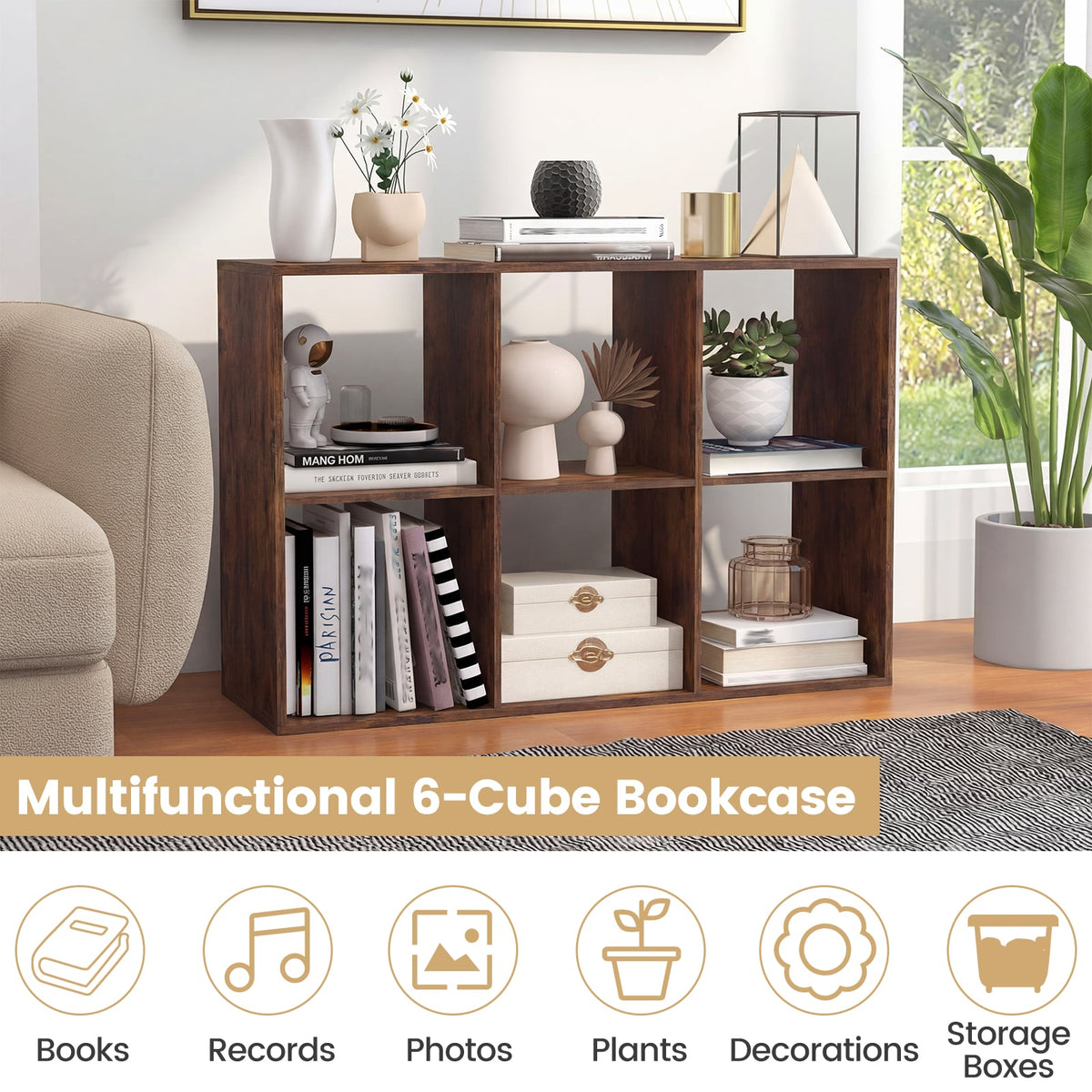 6 Cube Bookshelf with Back Guardrail for Living Room Bedroom-Rustic Brown-Bookcases-DECOROLALA