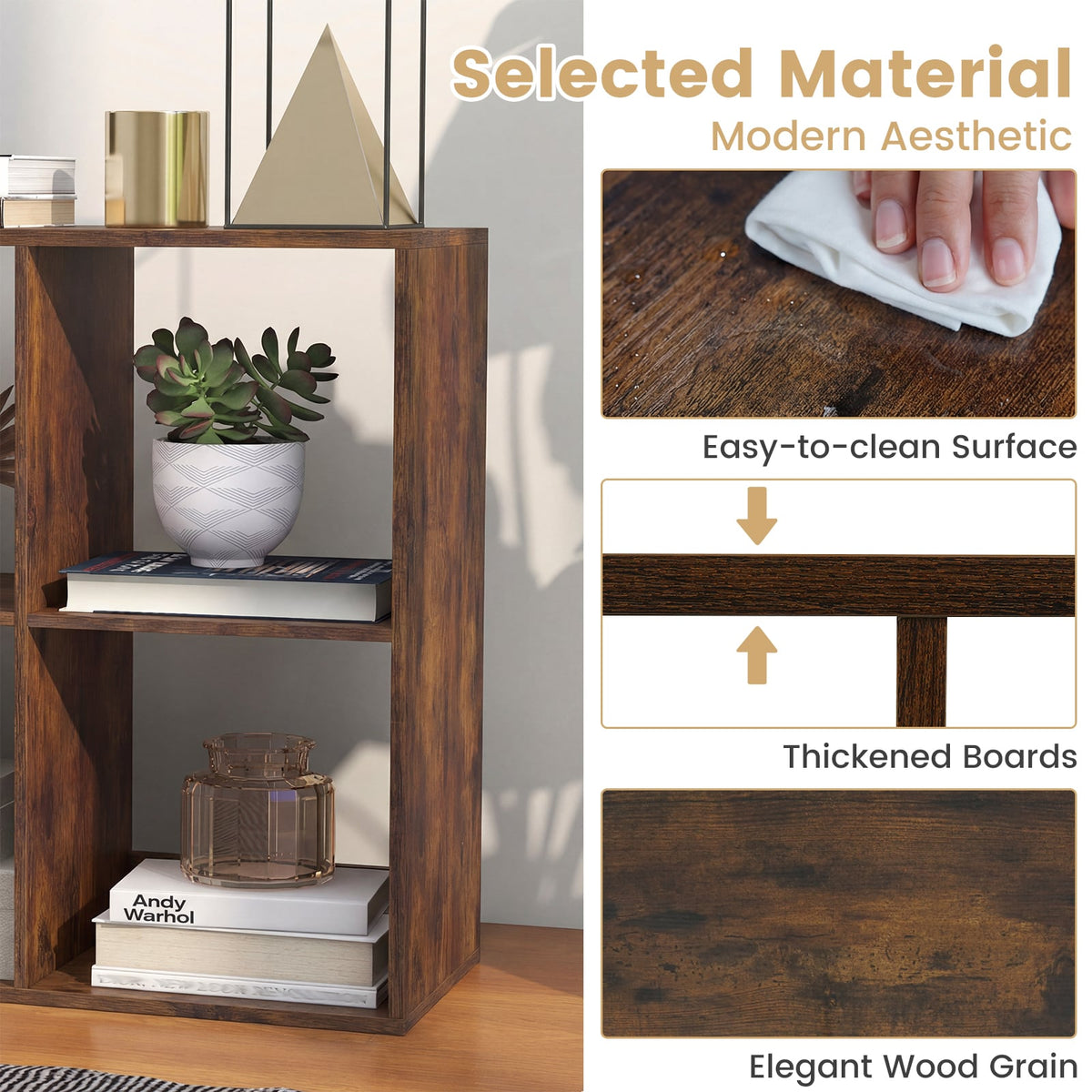 6 Cube Bookshelf with Back Guardrail for Living Room Bedroom-Rustic Brown-Bookcases-DECOROLALA