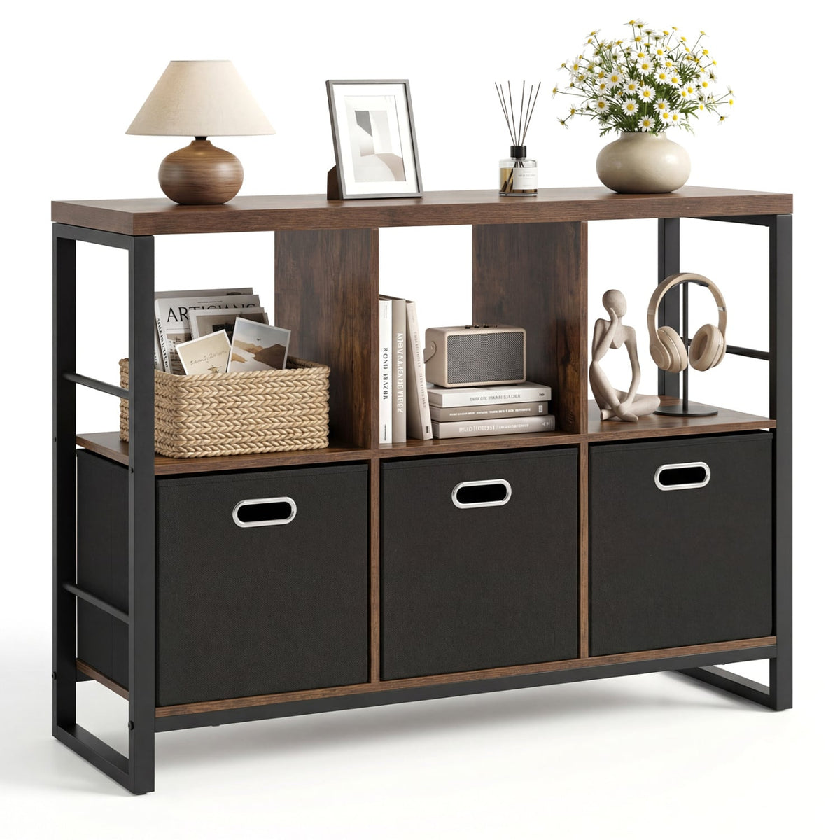 6 Cube Industrial Short Bookshelf with 3 Bins & Metal Frame and Open Shelves for Indoor-Rustic Brown-Bookcases-DECOROLALA