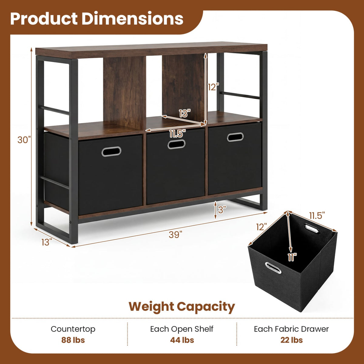6 Cube Industrial Short Bookshelf with 3 Bins & Metal Frame and Open Shelves for Indoor-Rustic Brown-Bookcases-DECOROLALA