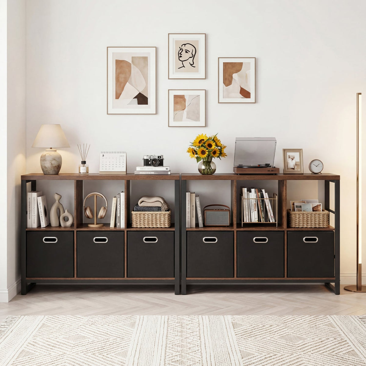 6 Cube Industrial Short Bookshelf with 3 Bins & Metal Frame and Open Shelves for Indoor-Rustic Brown-Bookcases-DECOROLALA