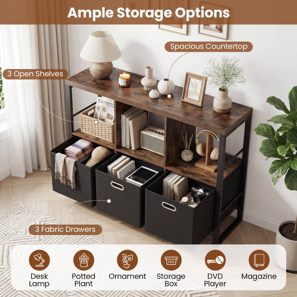 6 Cube Industrial Short Bookshelf with 3 Bins & Metal Frame and Open Shelves for Indoor-Rustic Brown-Bookcases-DECOROLALA