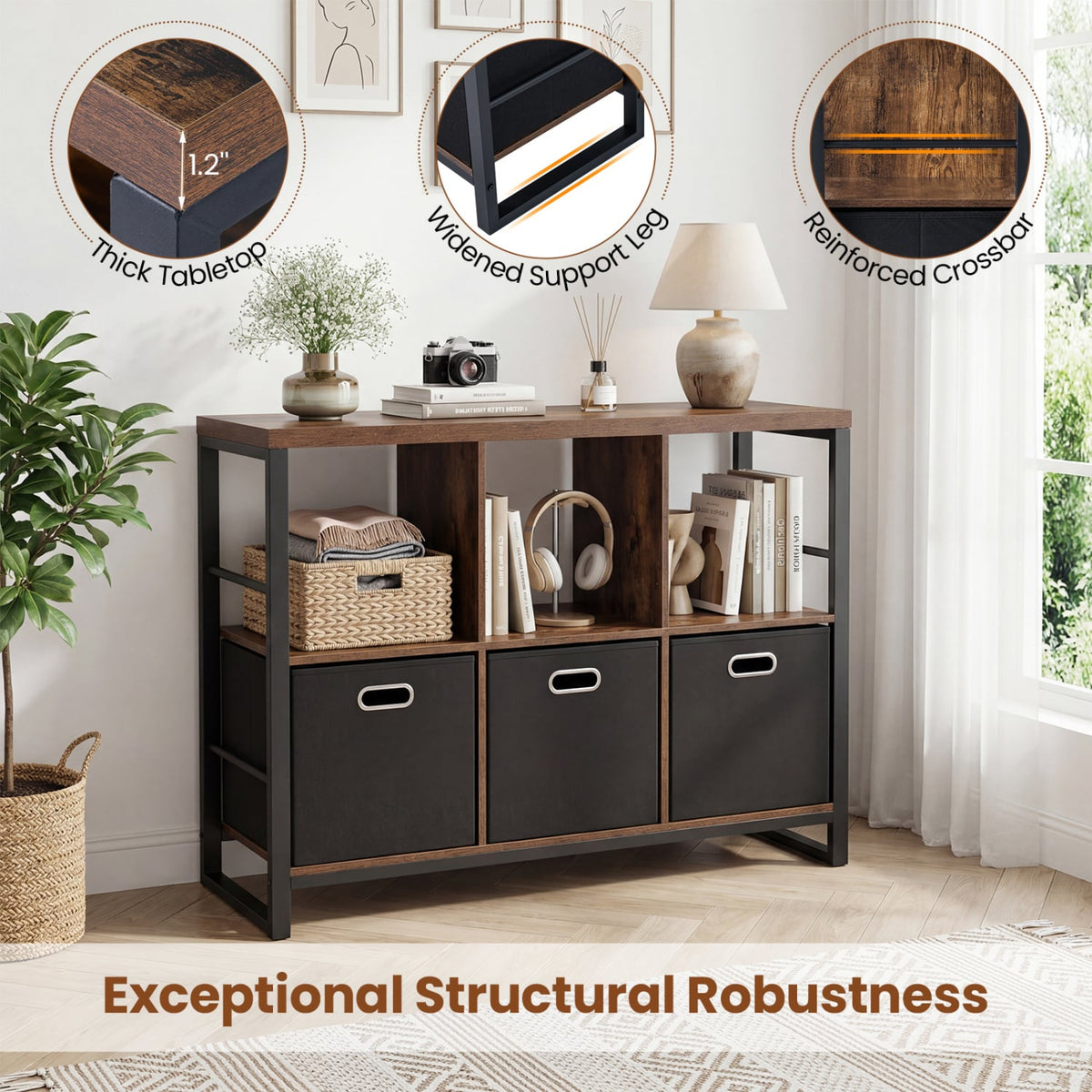 6 Cube Industrial Short Bookshelf with 3 Bins & Metal Frame and Open Shelves for Indoor-Rustic Brown-Bookcases-DECOROLALA