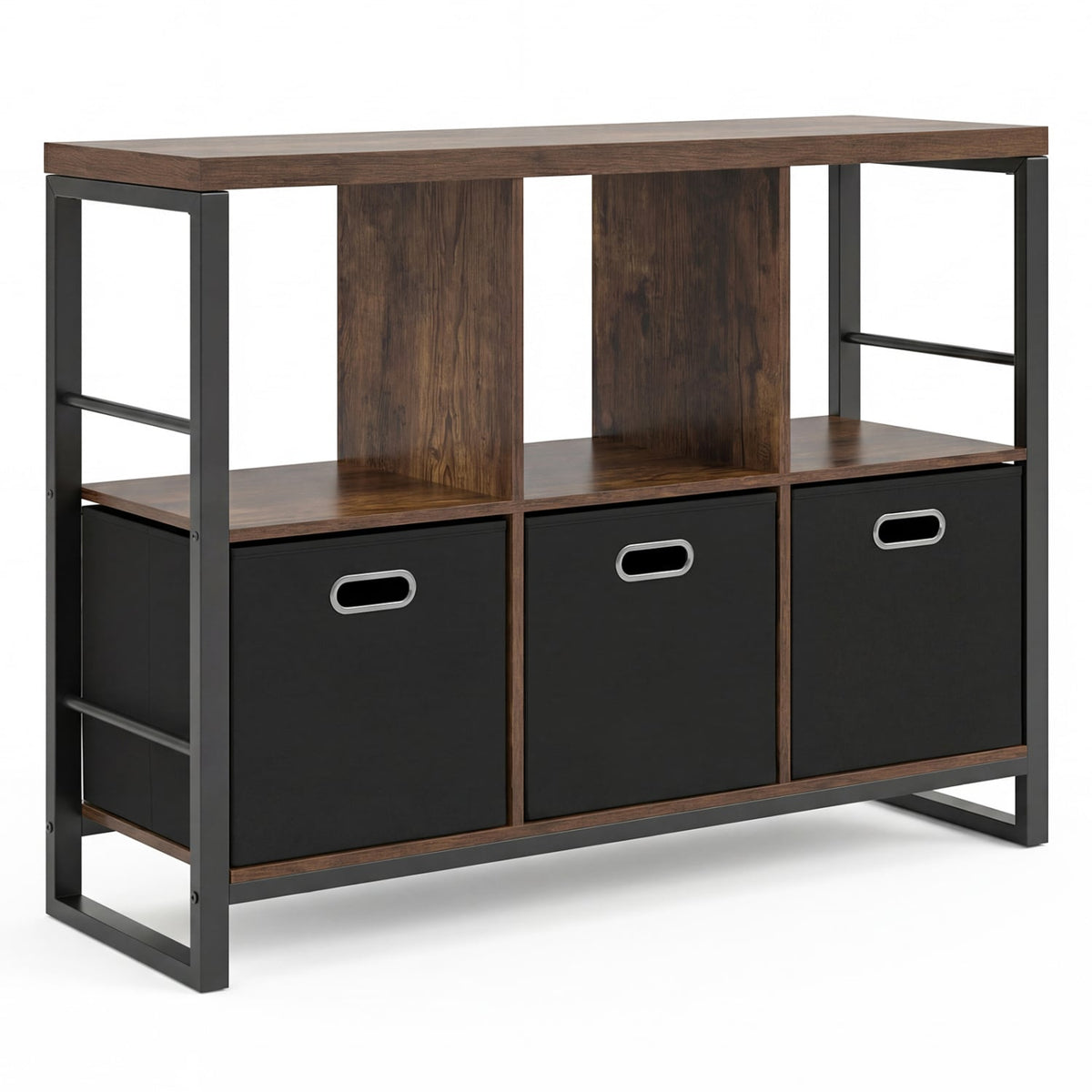 6 Cube Industrial Short Bookshelf with 3 Bins & Metal Frame and Open Shelves for Indoor-Rustic Brown-Bookcases-DECOROLALA