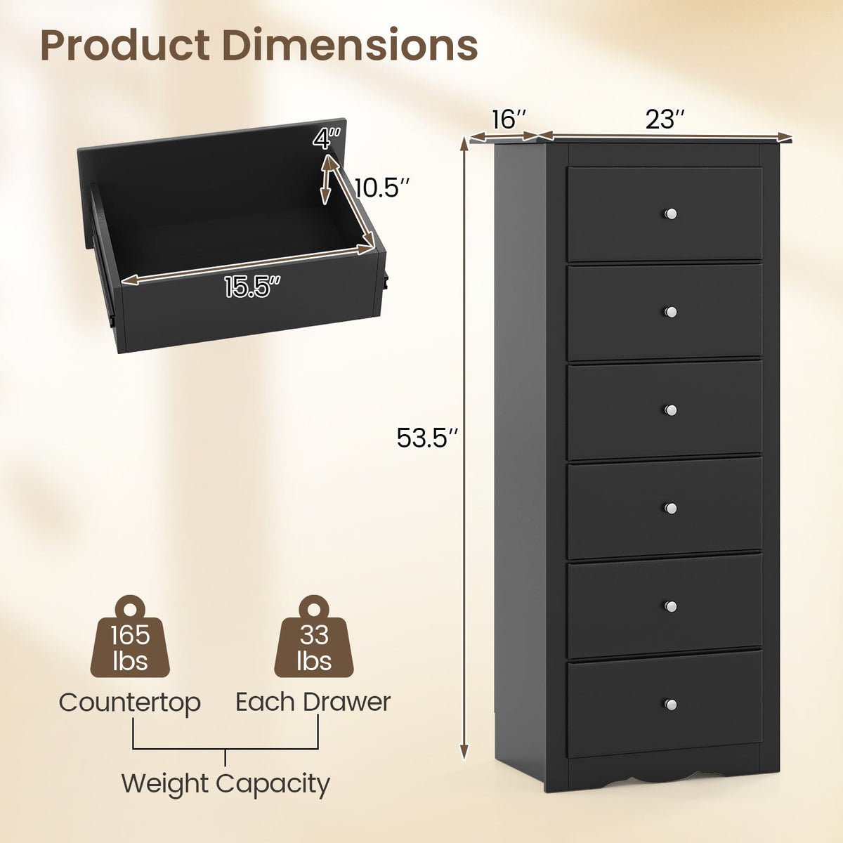6 Drawer Chest Dresser - Black (min order qty 2)-Dressers & Chests-DECOROLALA