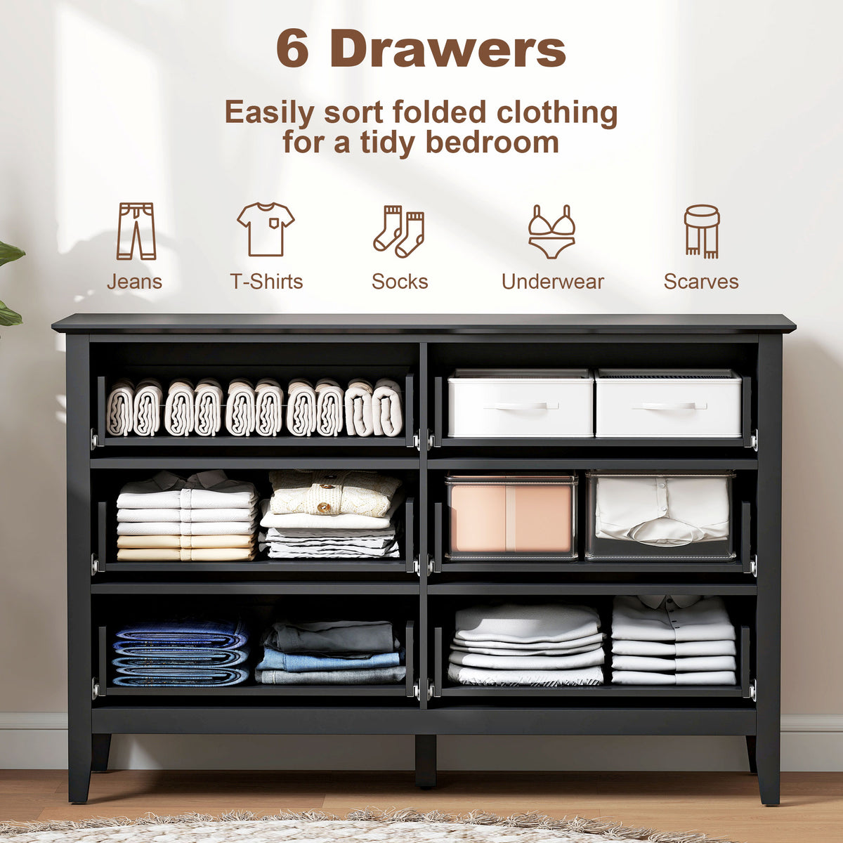 6 Drawer Double Dresser - Black Fluted Fronts Gold Handles-Dressers & Chests-DECOROLALA