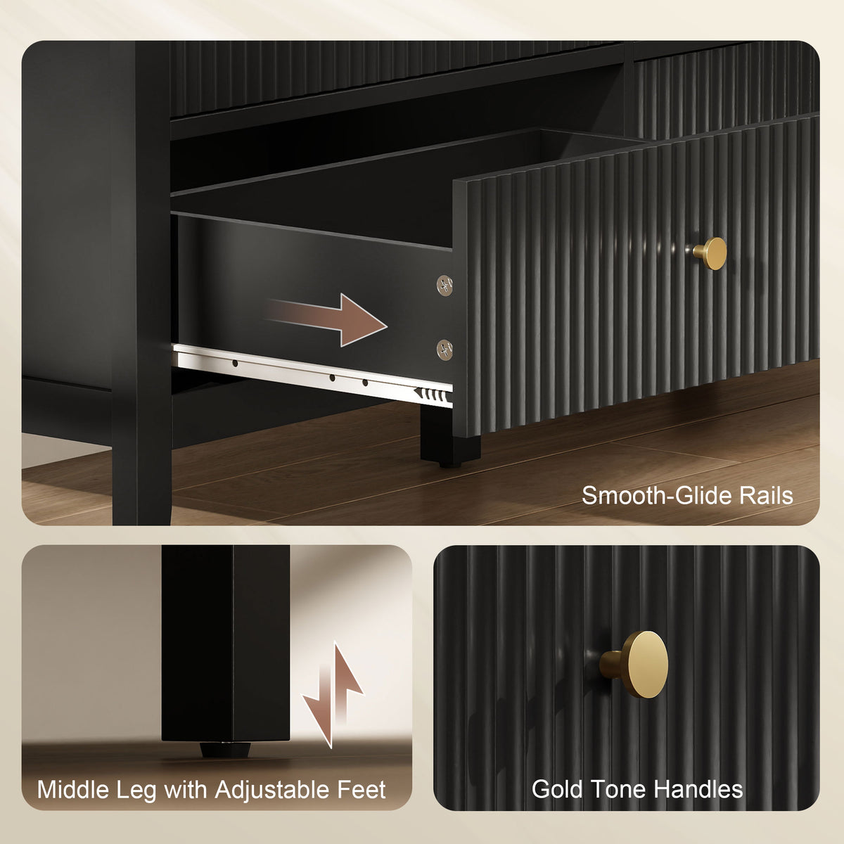 6 Drawer Double Dresser - Black Fluted Fronts Gold Handles-Dressers & Chests-DECOROLALA
