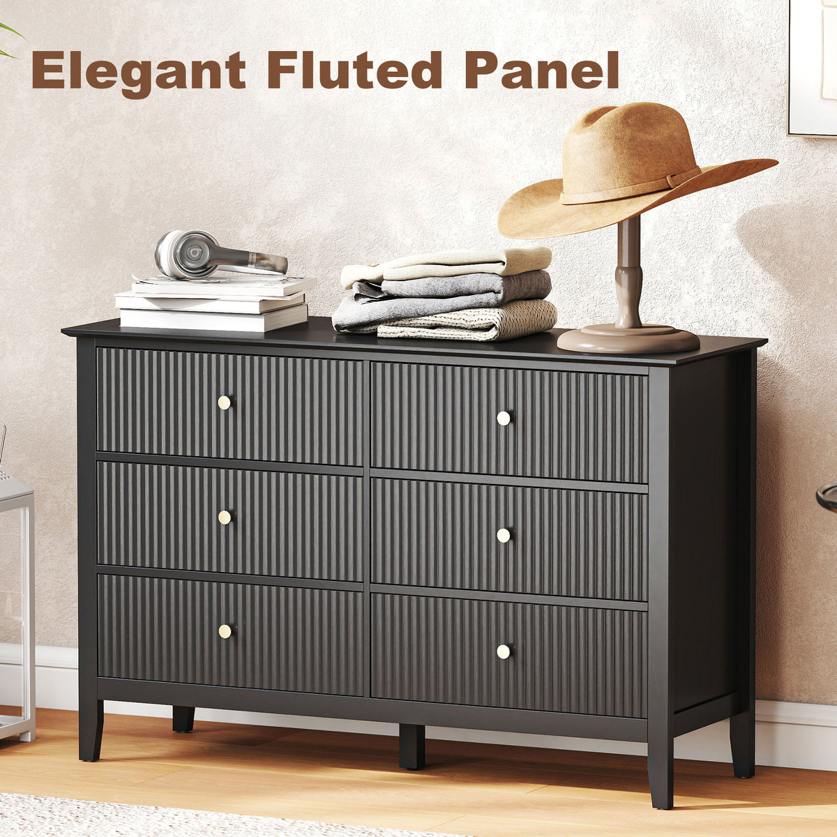 6 Drawer Double Dresser - Black Fluted Fronts Gold Handles-Dressers & Chests-DECOROLALA