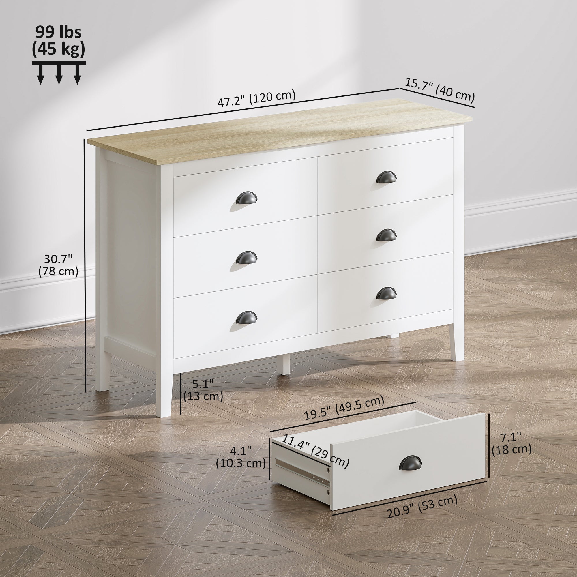 6 Drawer Dresser - White & Oak Modern Chest of Drawers-DECOROLALA