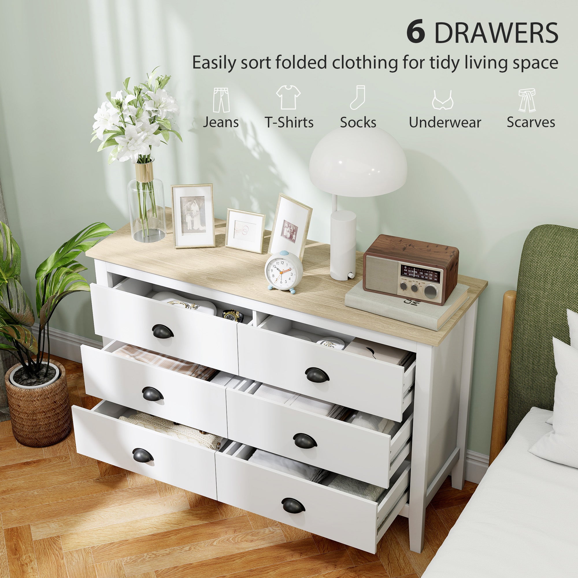 6 Drawer Dresser - White & Oak Modern Chest of Drawers-DECOROLALA