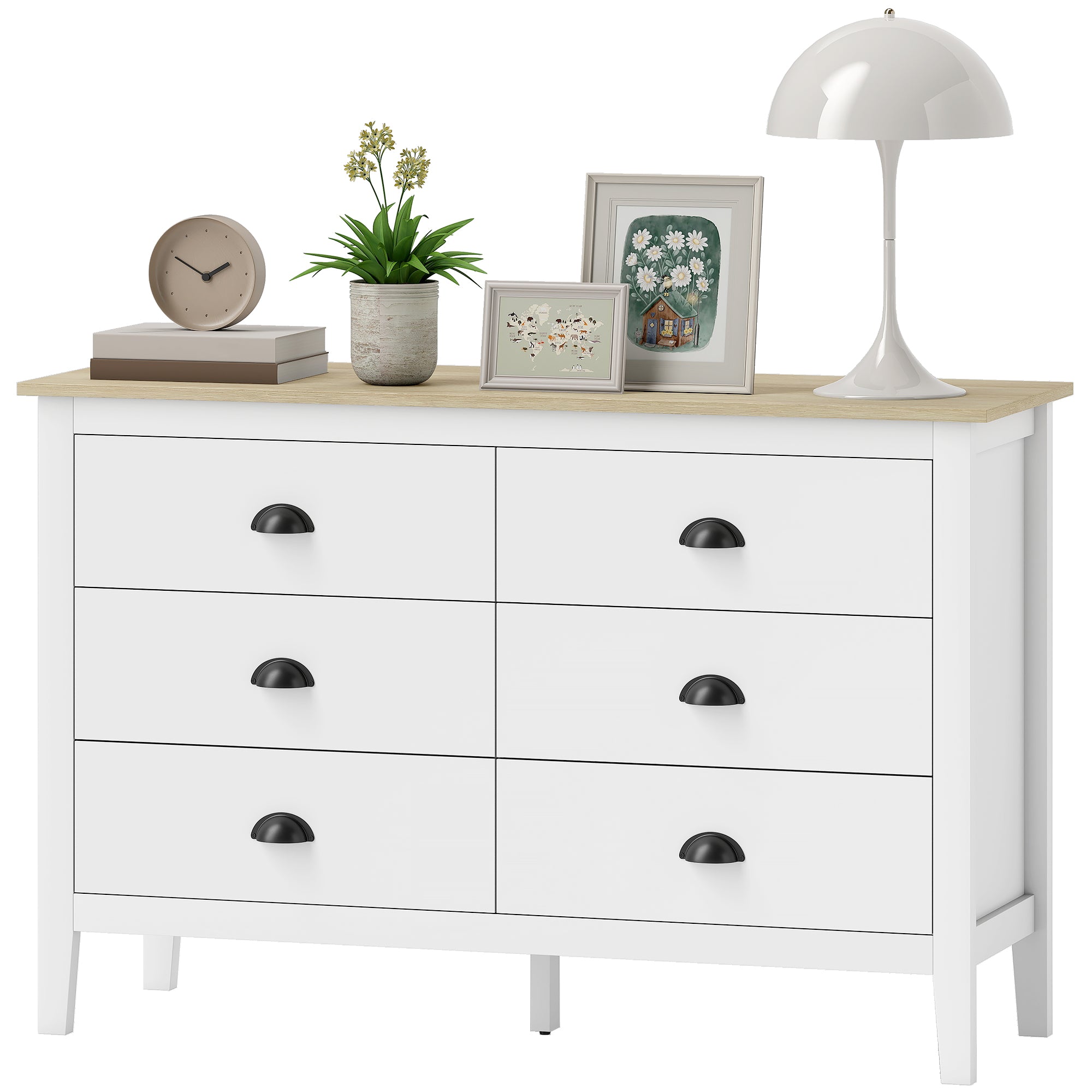 6 Drawer Dresser - White & Oak Modern Chest of Drawers-DECOROLALA