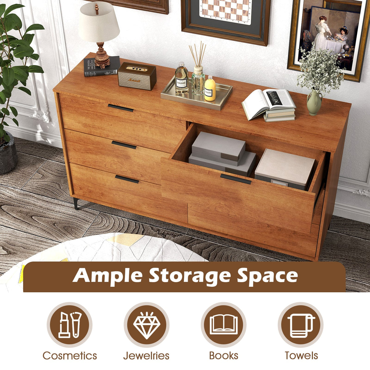 6-Drawer Dresser with Interlock System for Bedroom Living Room-Cherry-Dressers & Chests-DECOROLALA