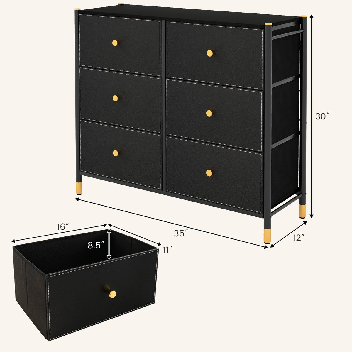 6-Drawer Fabric Dresser - Black Metal Frame (min order qty 2)-Dressers & Chests-DECOROLALA