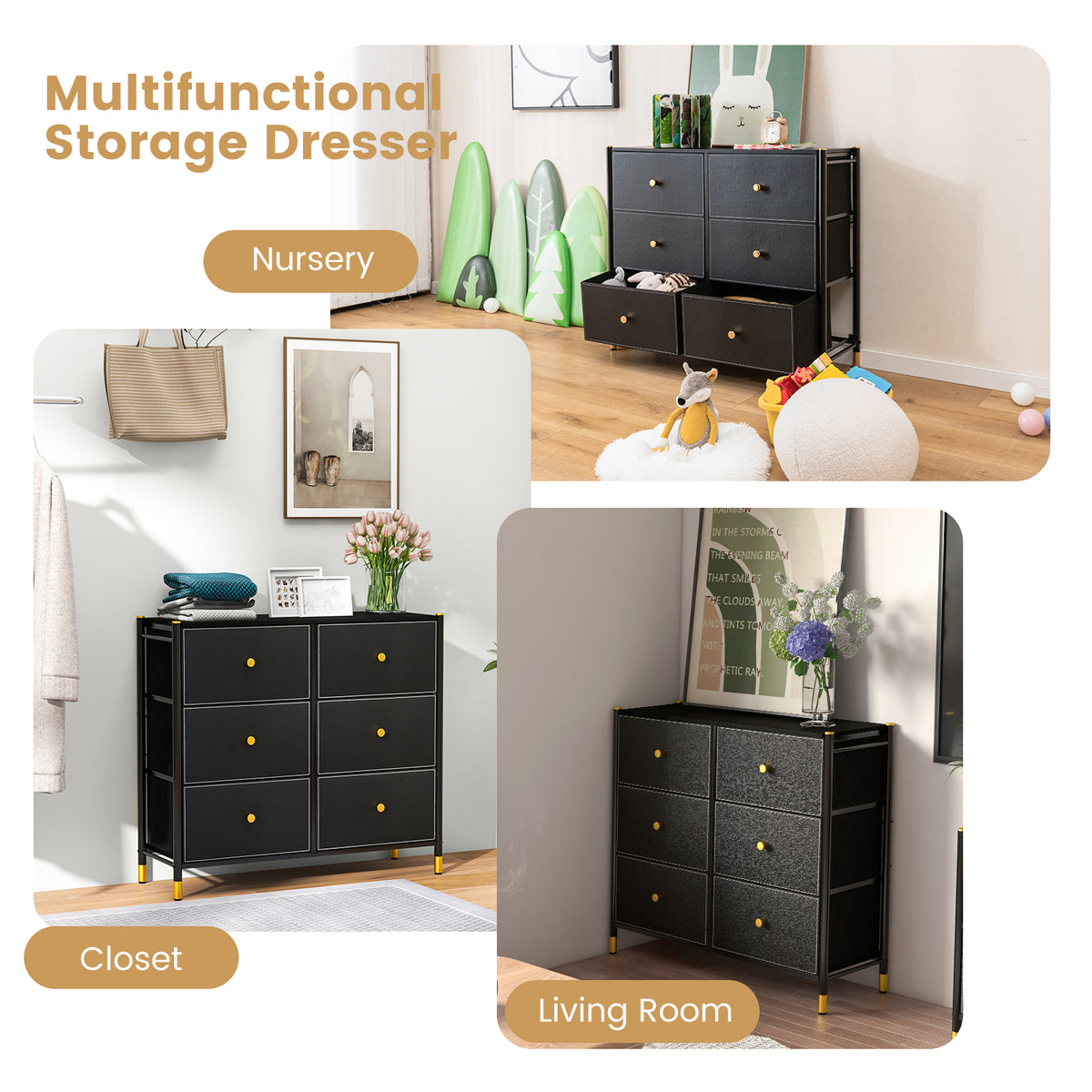 6-Drawer Fabric Dresser - Black Metal Frame (min order qty 2)-Dressers & Chests-DECOROLALA