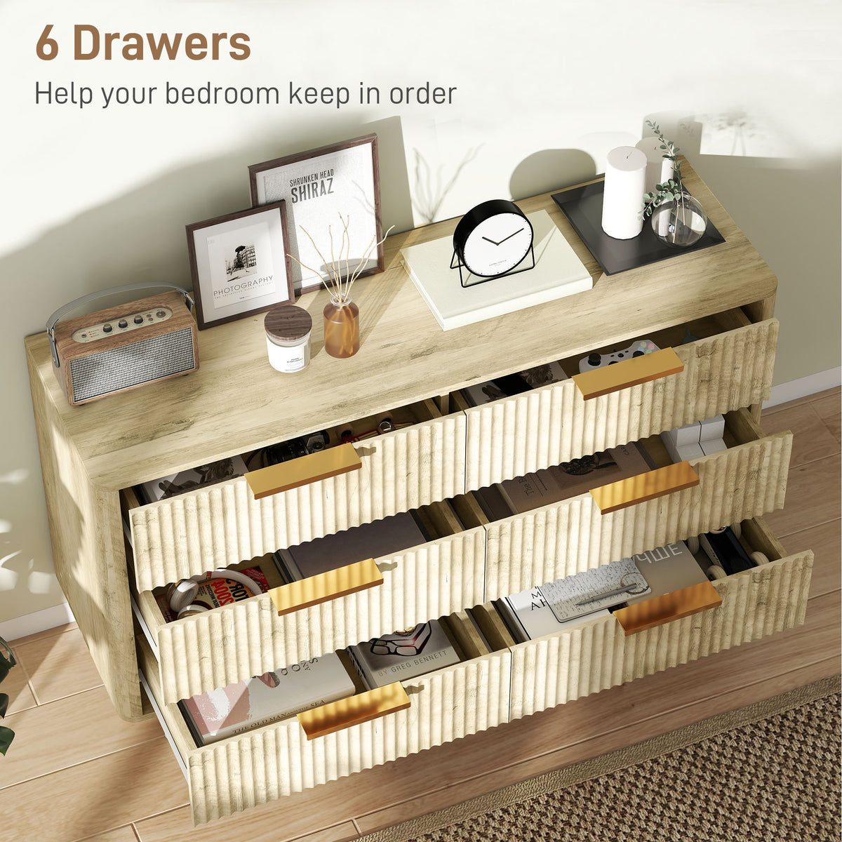 6 Drawer Fluted Dresser - Modern Oak Chest of Drawers-Dressers & Chests-DECOROLALA