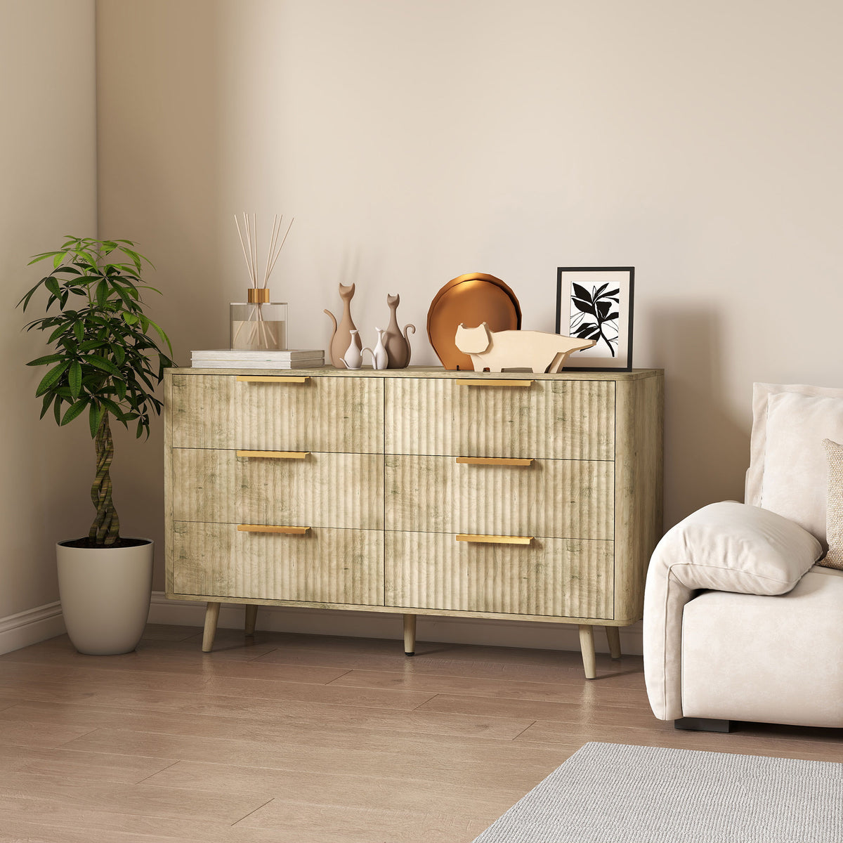 6 Drawer Fluted Dresser - Modern Oak Chest of Drawers-Dressers & Chests-DECOROLALA