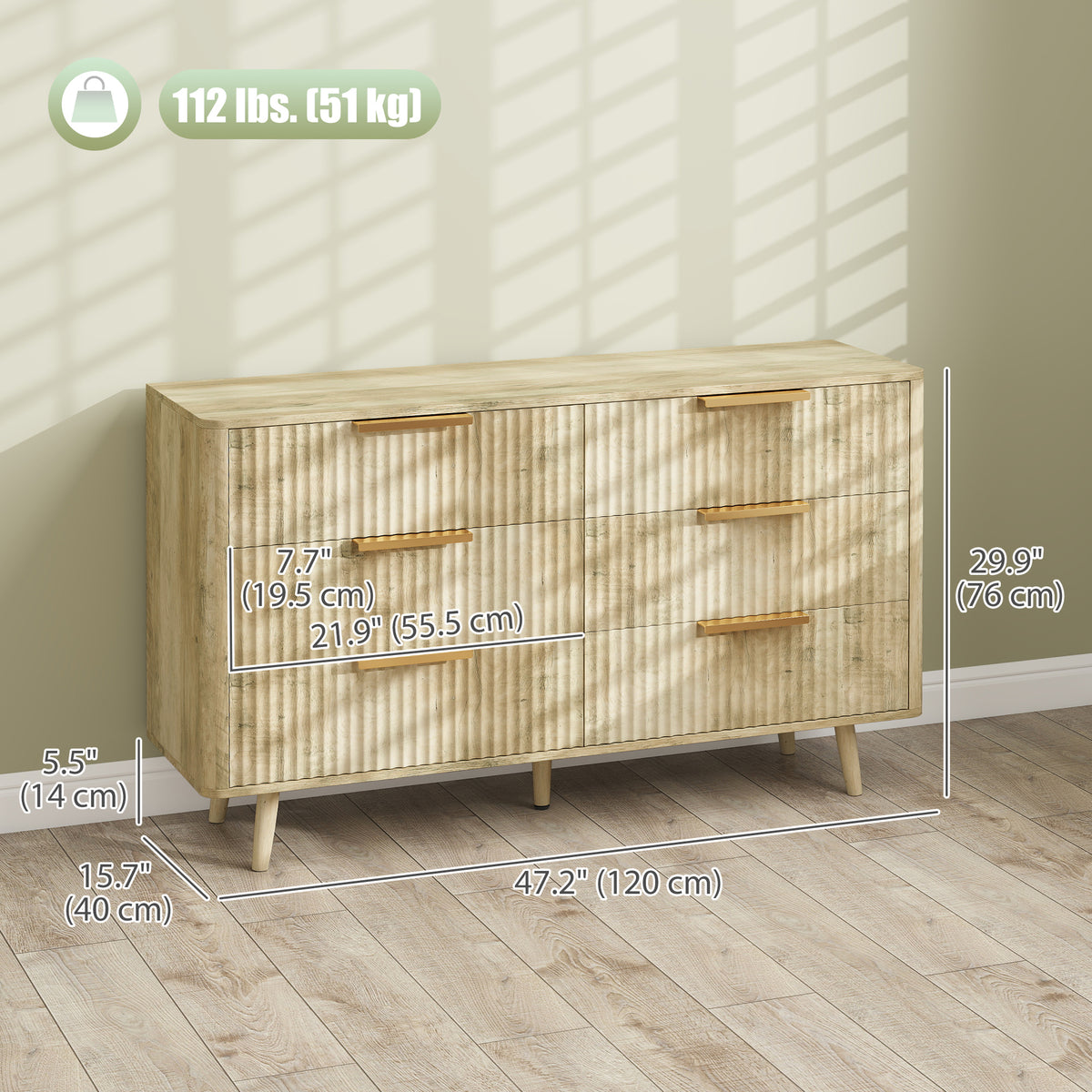 6 Drawer Fluted Dresser - Modern Oak Chest of Drawers-Dressers & Chests-DECOROLALA