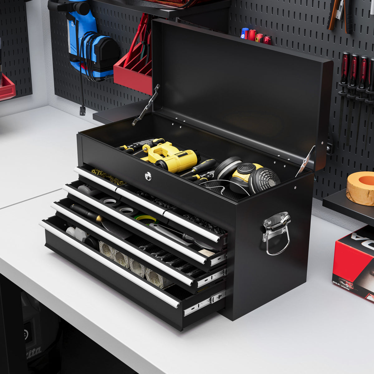 6-Drawer Metal Tool Chest - 24" Portable Steel Box Black-Home Improvement > Tools > Tool Organizers-DECOROLALA