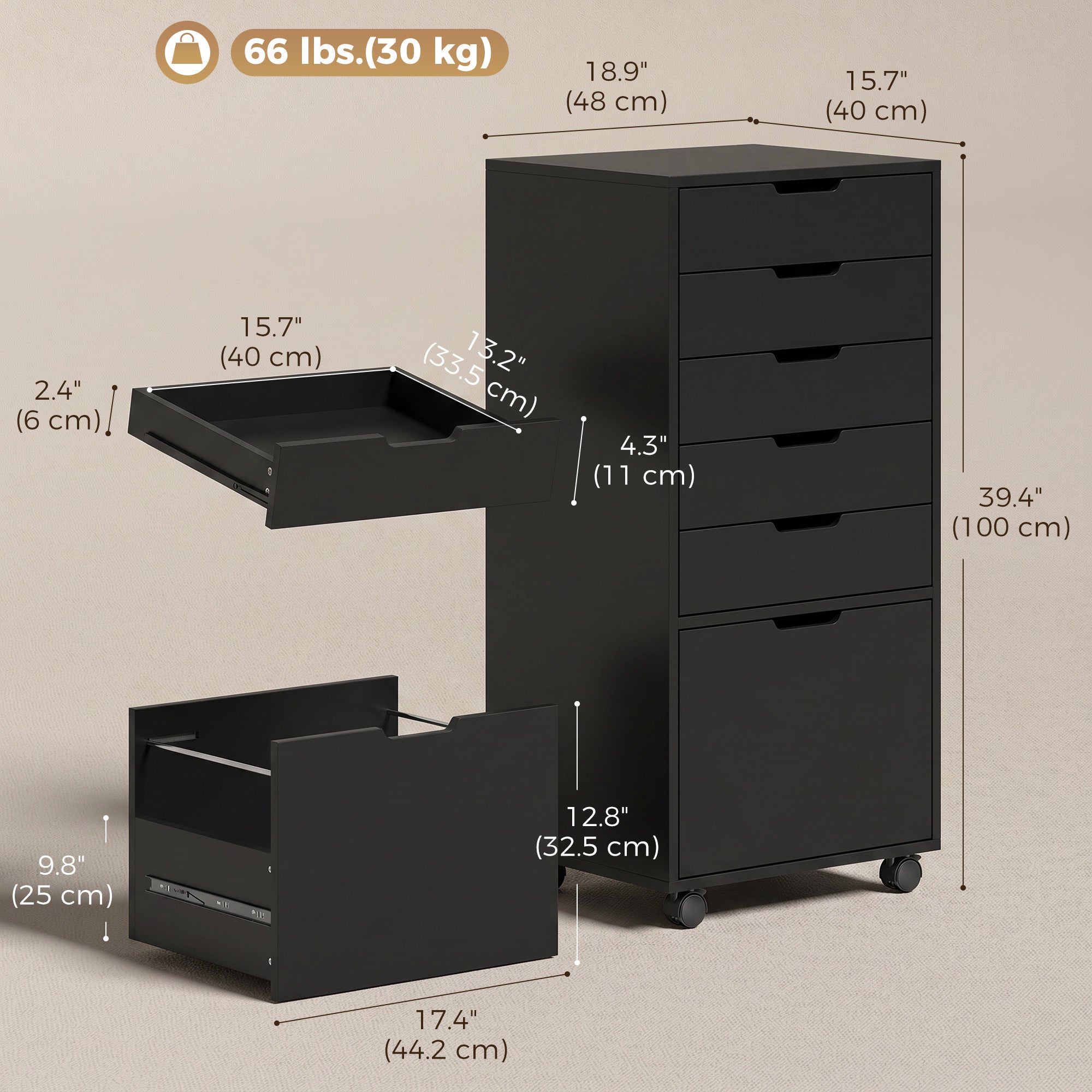 6-Drawer Mobile File Cabinet & Printer Stand - Black 39" H-Office Products > Office Furniture > Office Cabinets & Cupboards-DECOROLALA