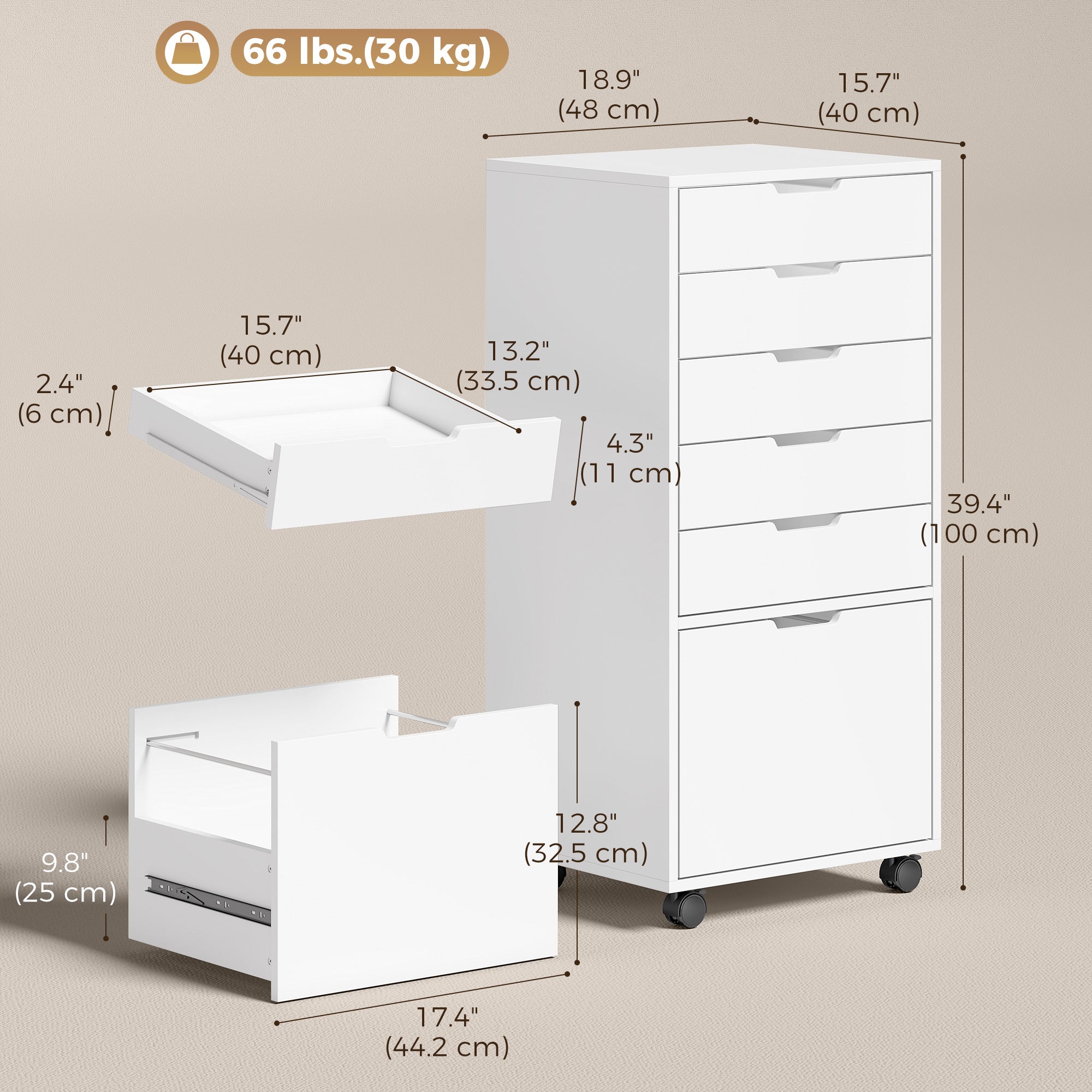 6-Drawer Mobile File Cabinet & Printer Stand - White 39" H-Office Products > Office Furniture > Office Cabinets & Cupboards-DECOROLALA