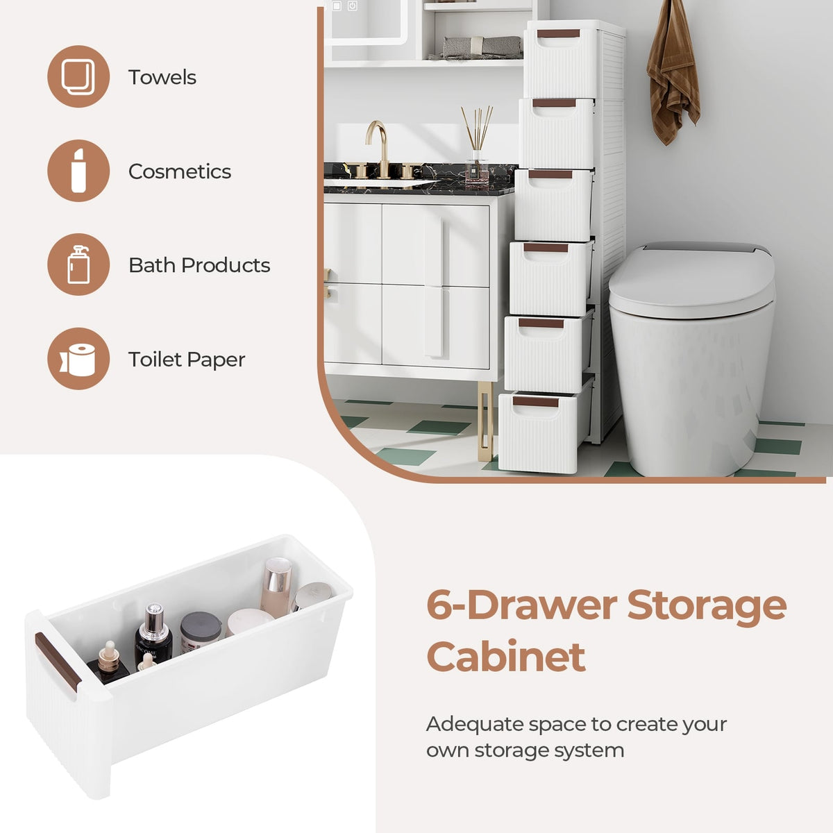 6-Drawer Rolling Storage Cabinet - White PP (min order qty 2)-Dressers & Chests-DECOROLALA