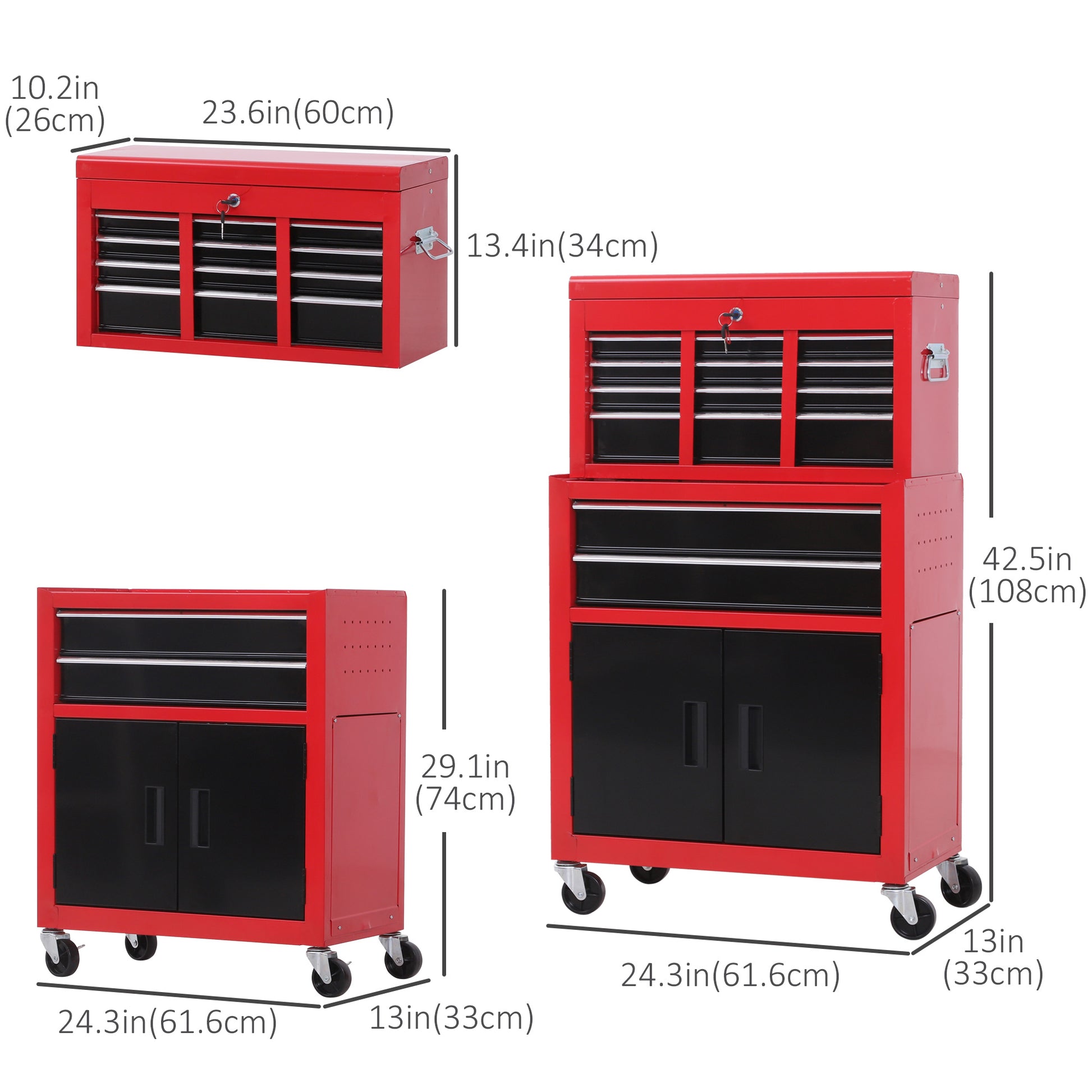 6-Drawer Rolling Tool Chest - 2-in-1 Metal Cabinet Red-DECOROLALA