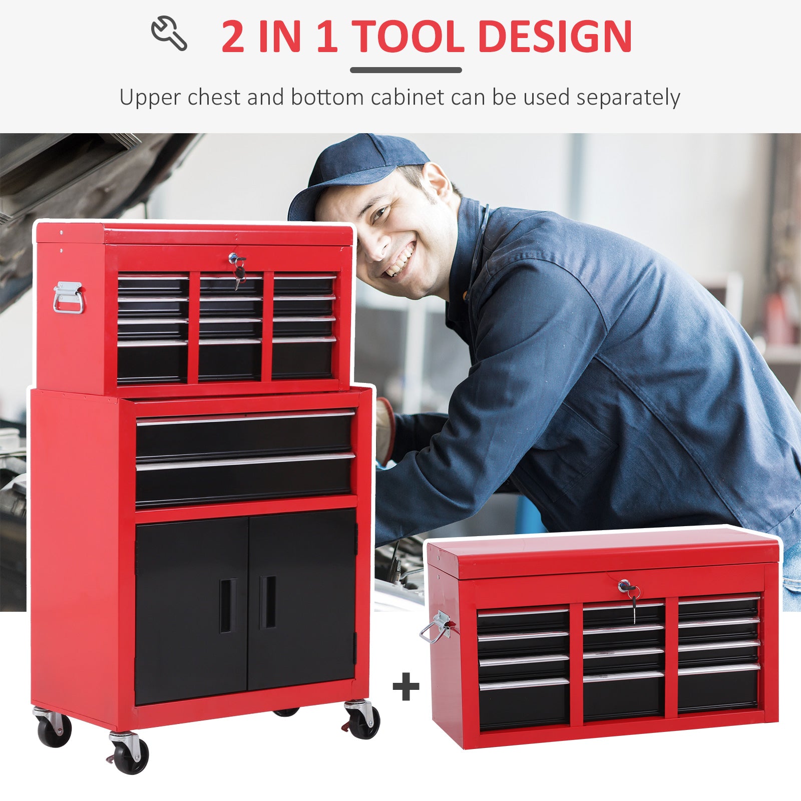 6-Drawer Rolling Tool Chest - 2-in-1 Metal Cabinet Red-DECOROLALA