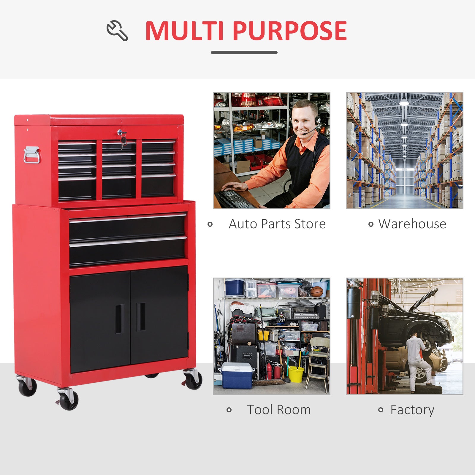 6-Drawer Rolling Tool Chest - 2-in-1 Metal Cabinet Red-DECOROLALA