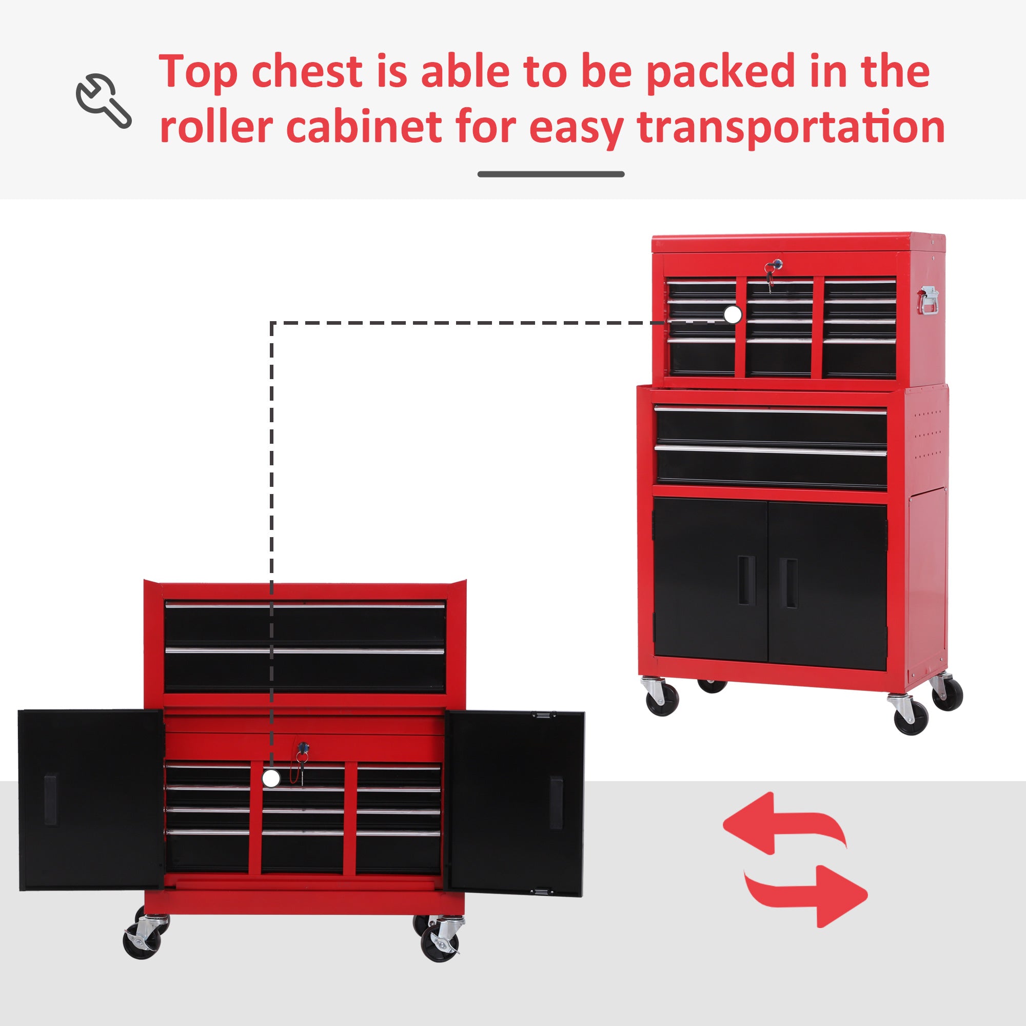 6-Drawer Rolling Tool Chest - 2-in-1 Metal Cabinet Red-DECOROLALA