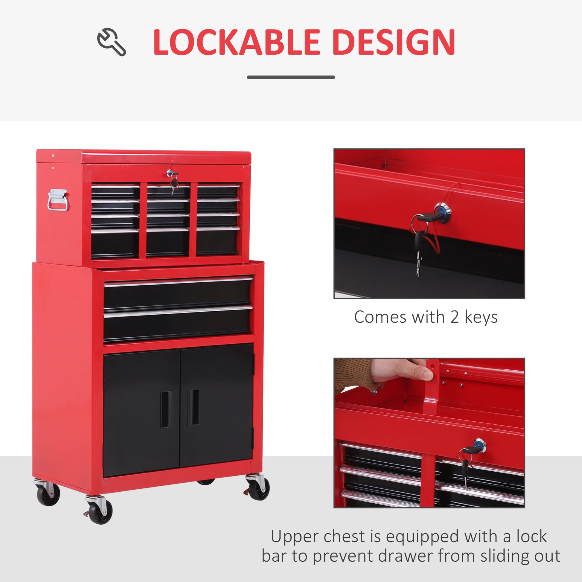 6-Drawer Rolling Tool Chest - 2-in-1 Metal Cabinet Red-DECOROLALA