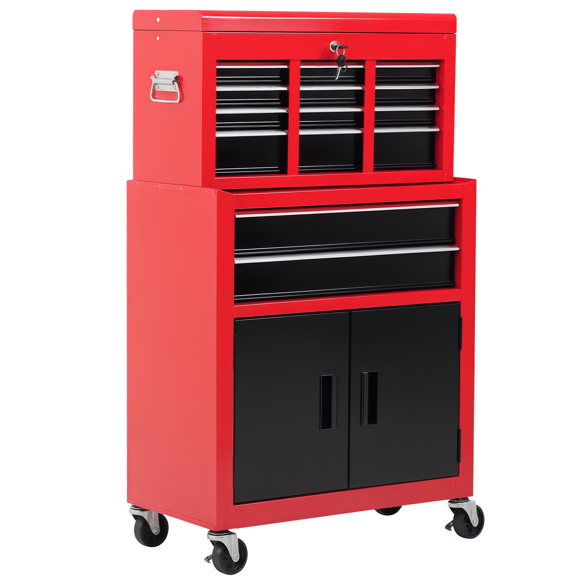 6-Drawer Rolling Tool Chest - 2-in-1 Metal Cabinet Red-DECOROLALA