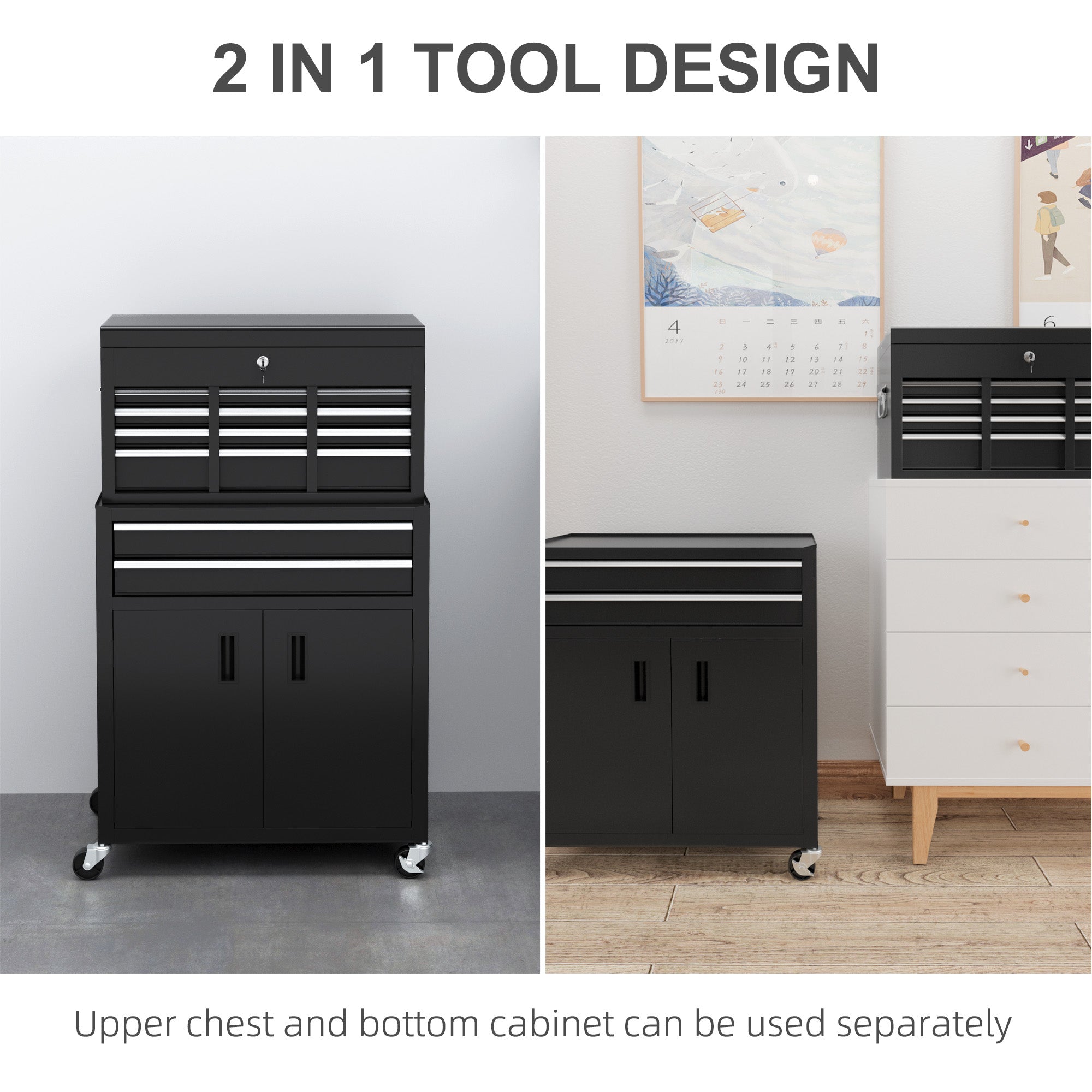 6-Drawer Rolling Tool Chest - 2-in-1 Steel Storage Black-DECOROLALA
