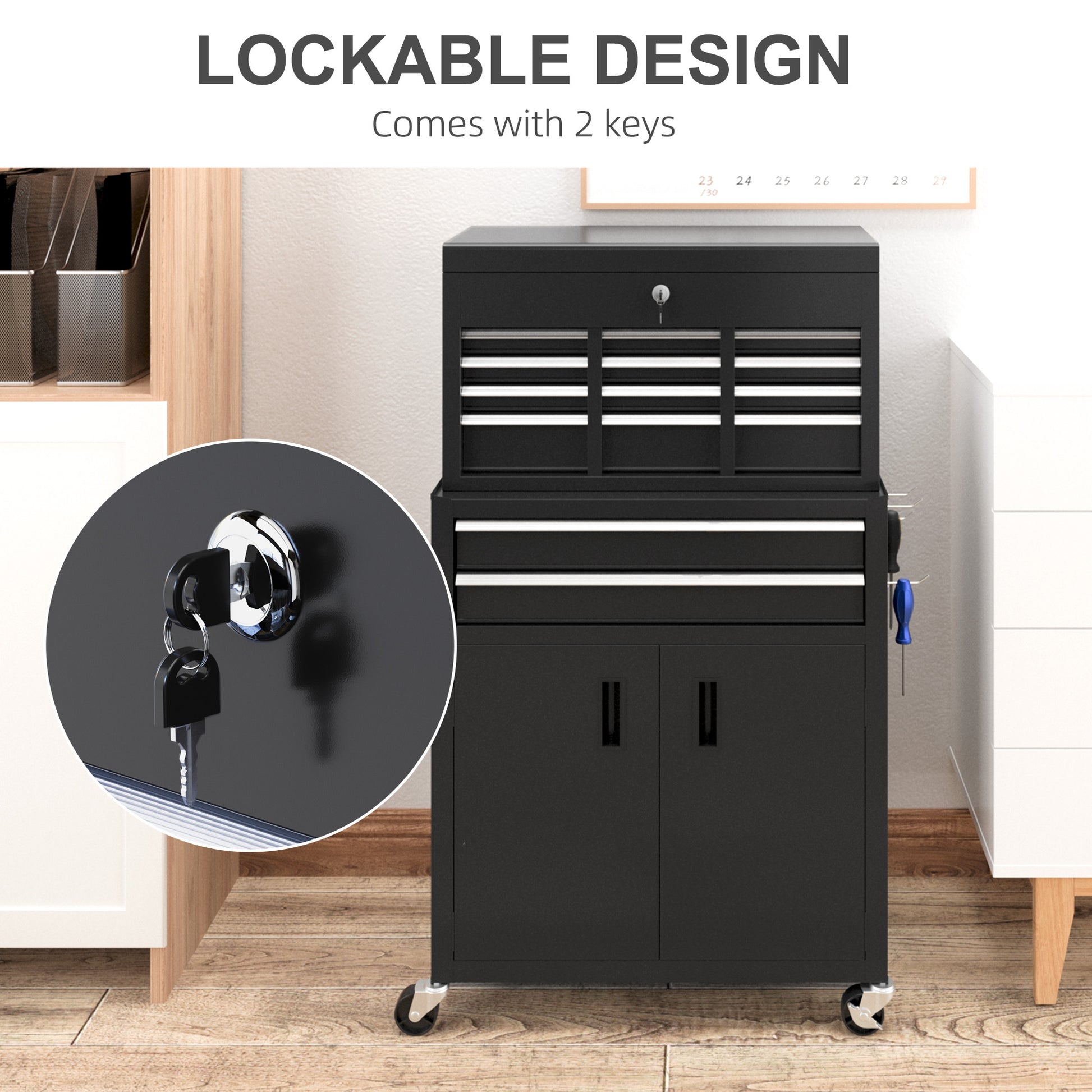 6-Drawer Rolling Tool Chest - 2-in-1 Steel Storage Black-DECOROLALA