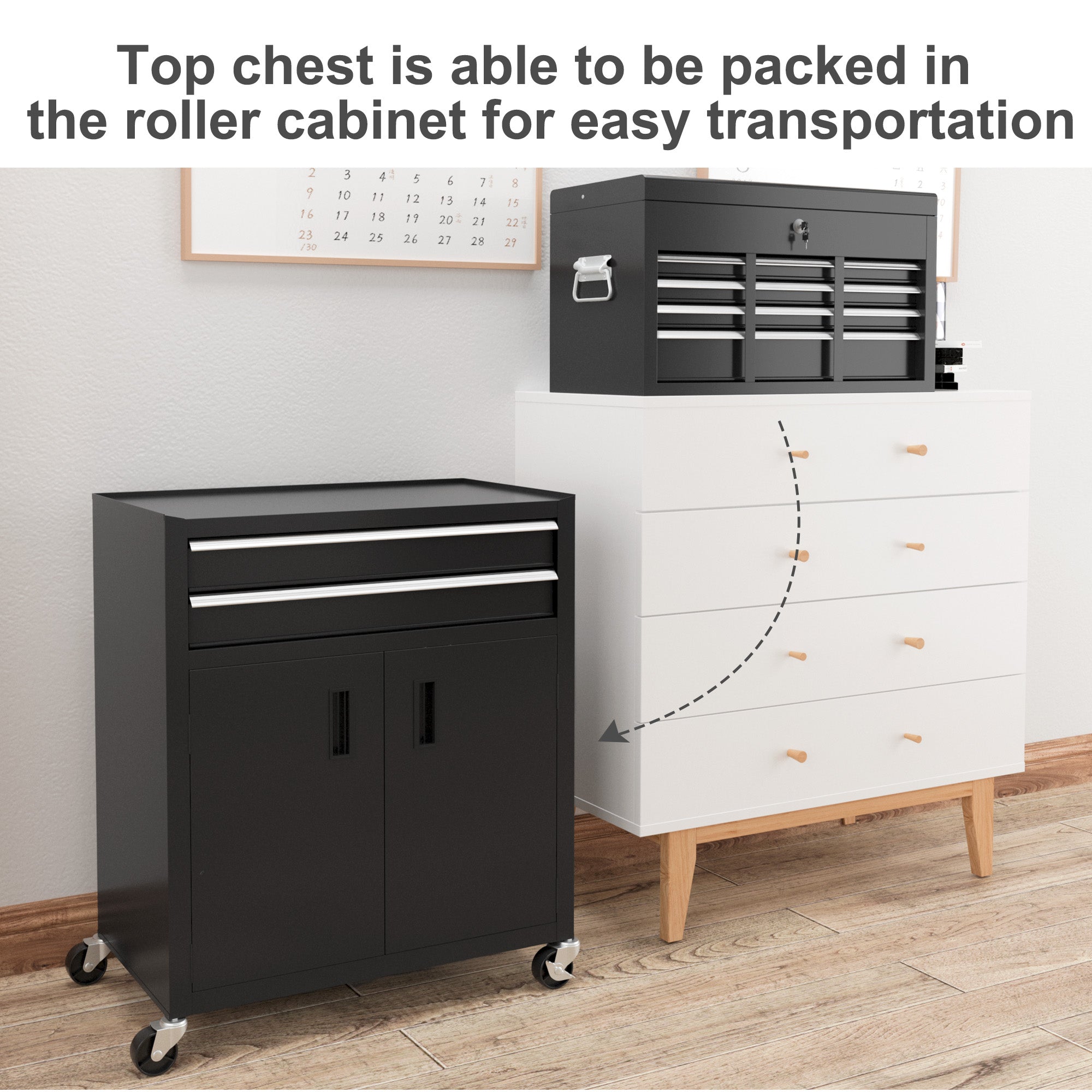 6-Drawer Rolling Tool Chest - 2-in-1 Steel Storage Black-DECOROLALA