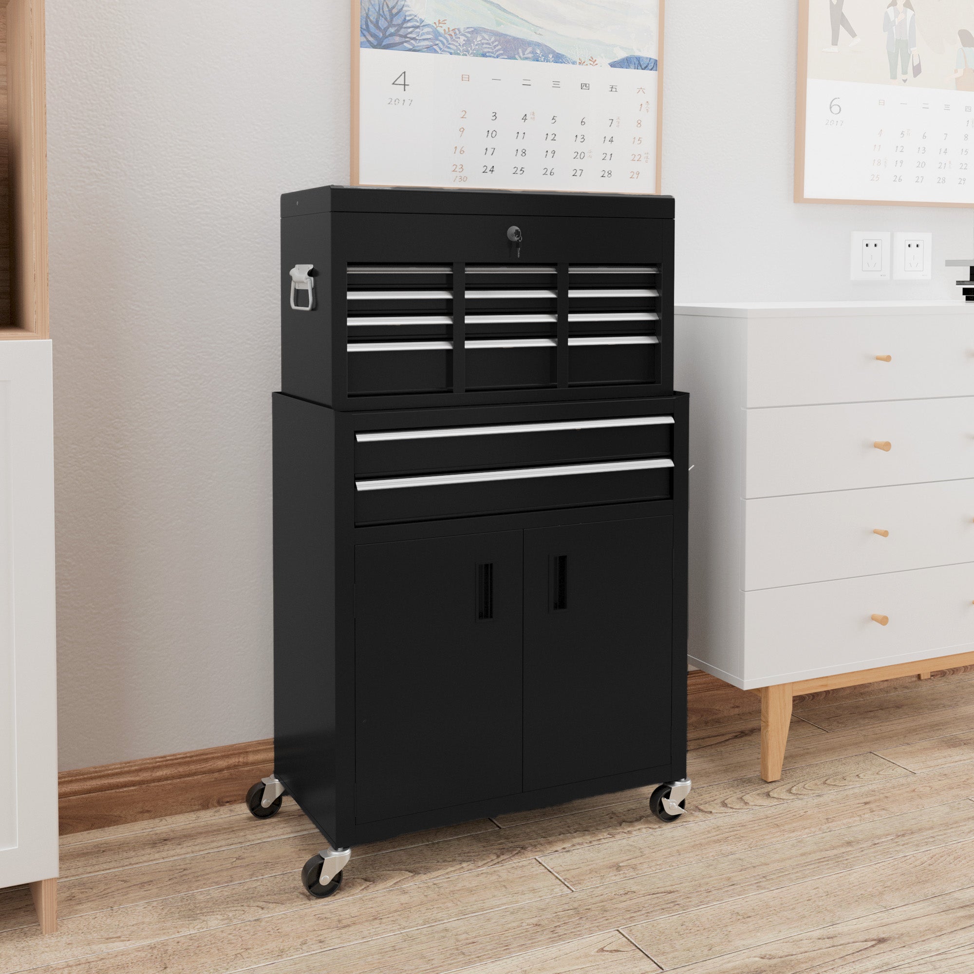6-Drawer Rolling Tool Chest - 2-in-1 Steel Storage Black-DECOROLALA