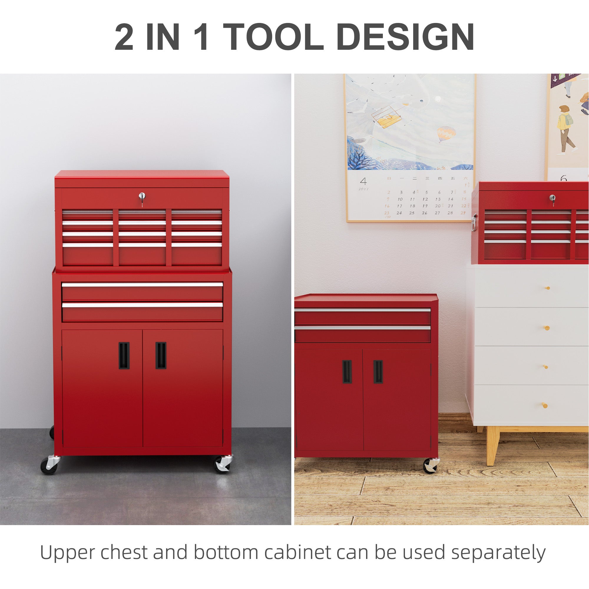 6-Drawer Rolling Tool Chest - Lockable Steel Cabinet Red-DECOROLALA