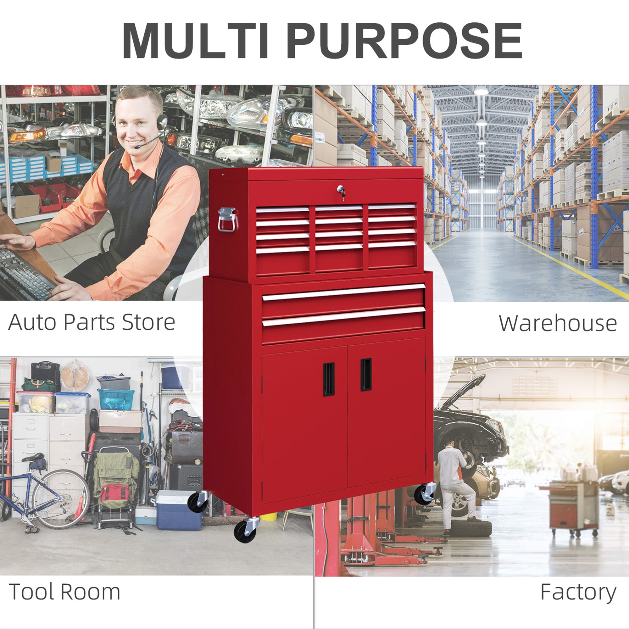 6-Drawer Rolling Tool Chest - Lockable Steel Cabinet Red-DECOROLALA