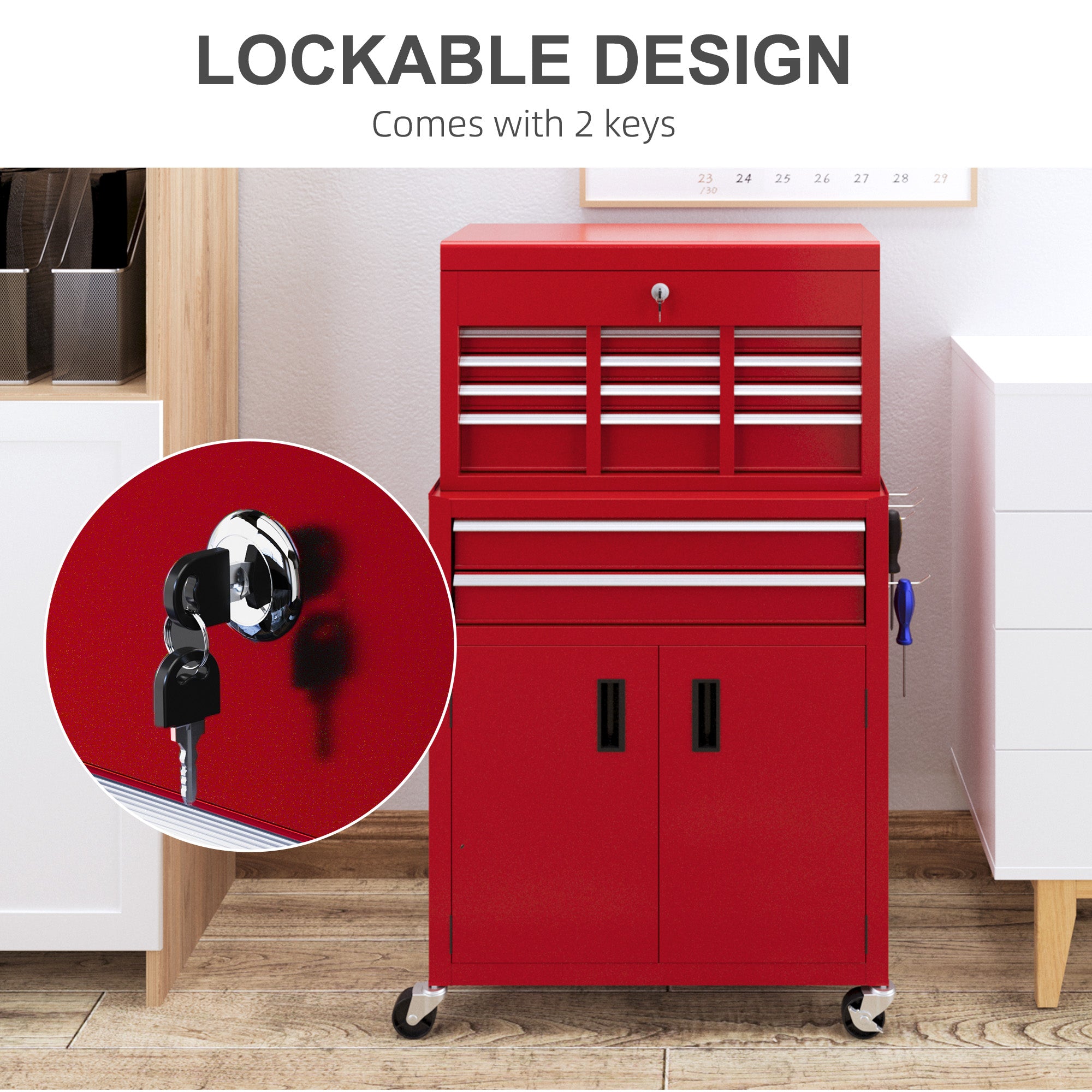 6-Drawer Rolling Tool Chest - Lockable Steel Cabinet Red-DECOROLALA