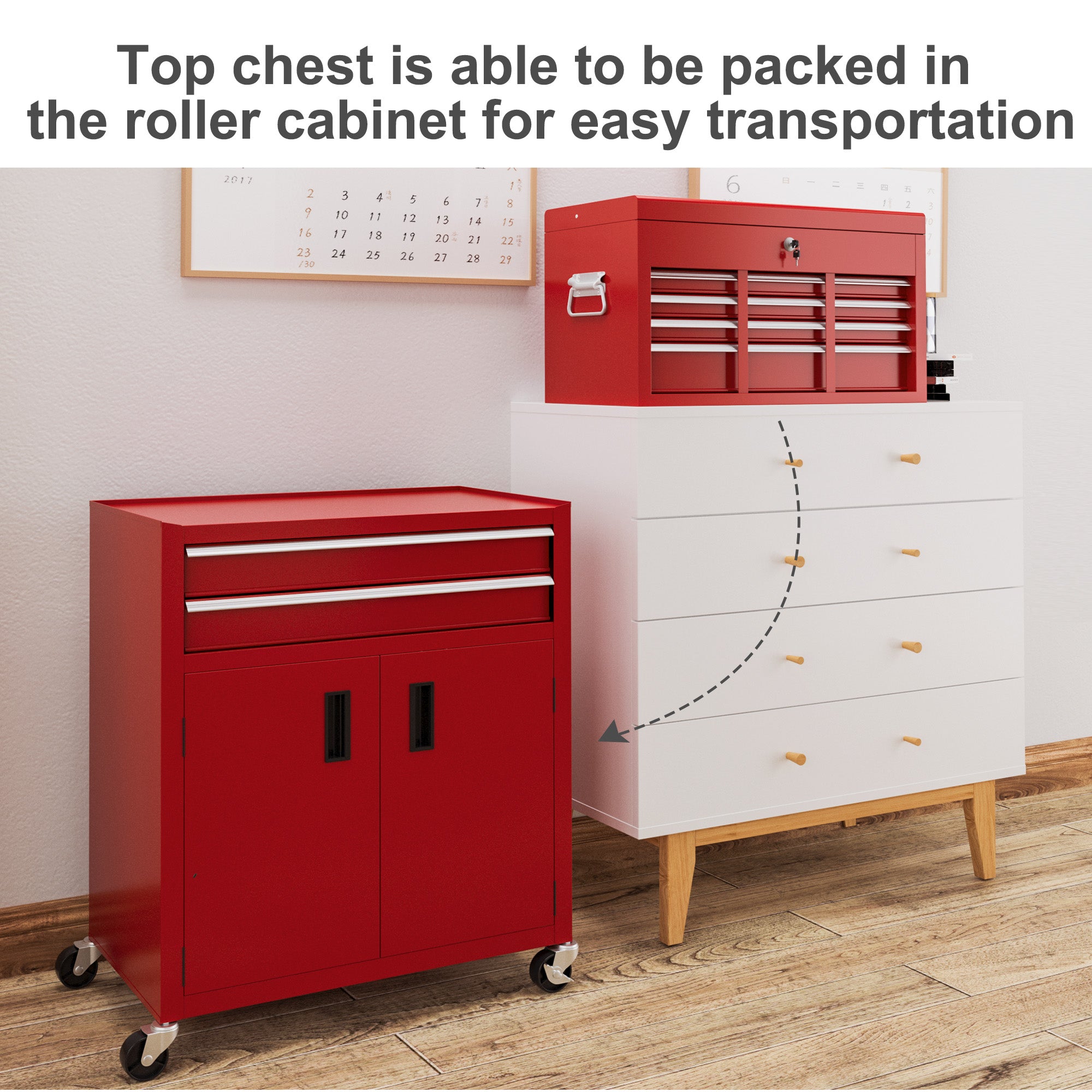 6-Drawer Rolling Tool Chest - Lockable Steel Cabinet Red-DECOROLALA