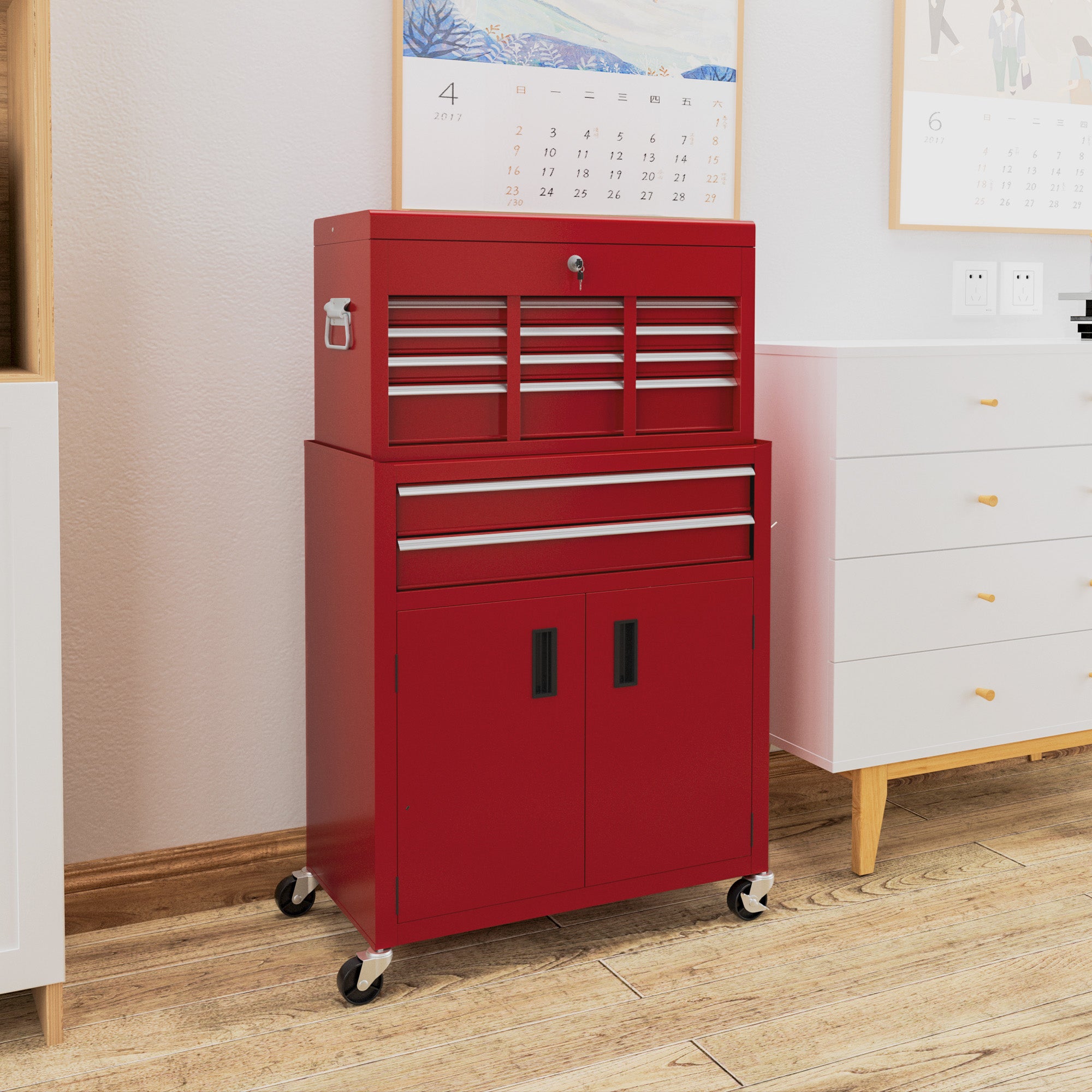 6-Drawer Rolling Tool Chest - Lockable Steel Cabinet Red-DECOROLALA
