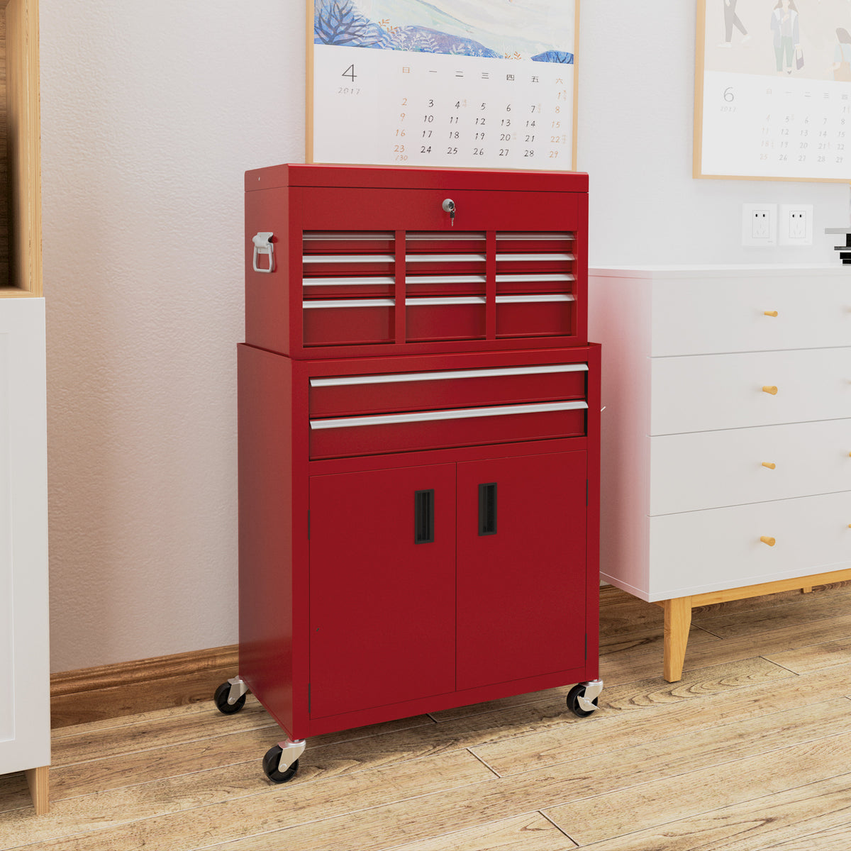 6-Drawer Rolling Tool Chest - Lockable Steel Cabinet Red-DECOROLALA
