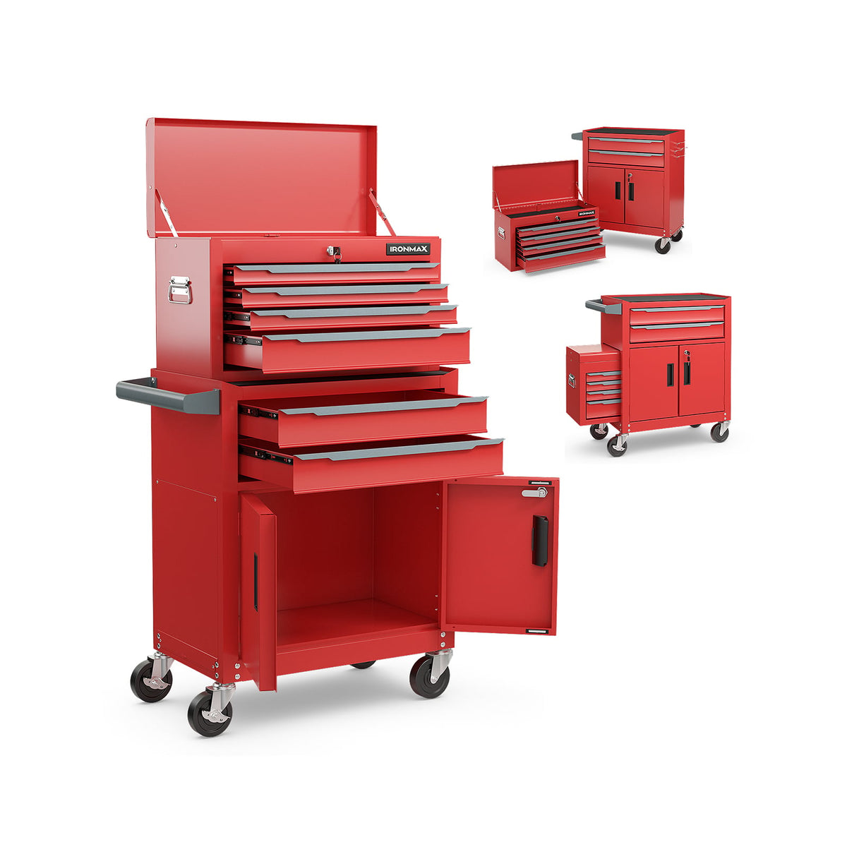 6-Drawer Rolling Tool Storage Chest Cabinet with Universal Wheels and Hooks-Red-Garages-DECOROLALA