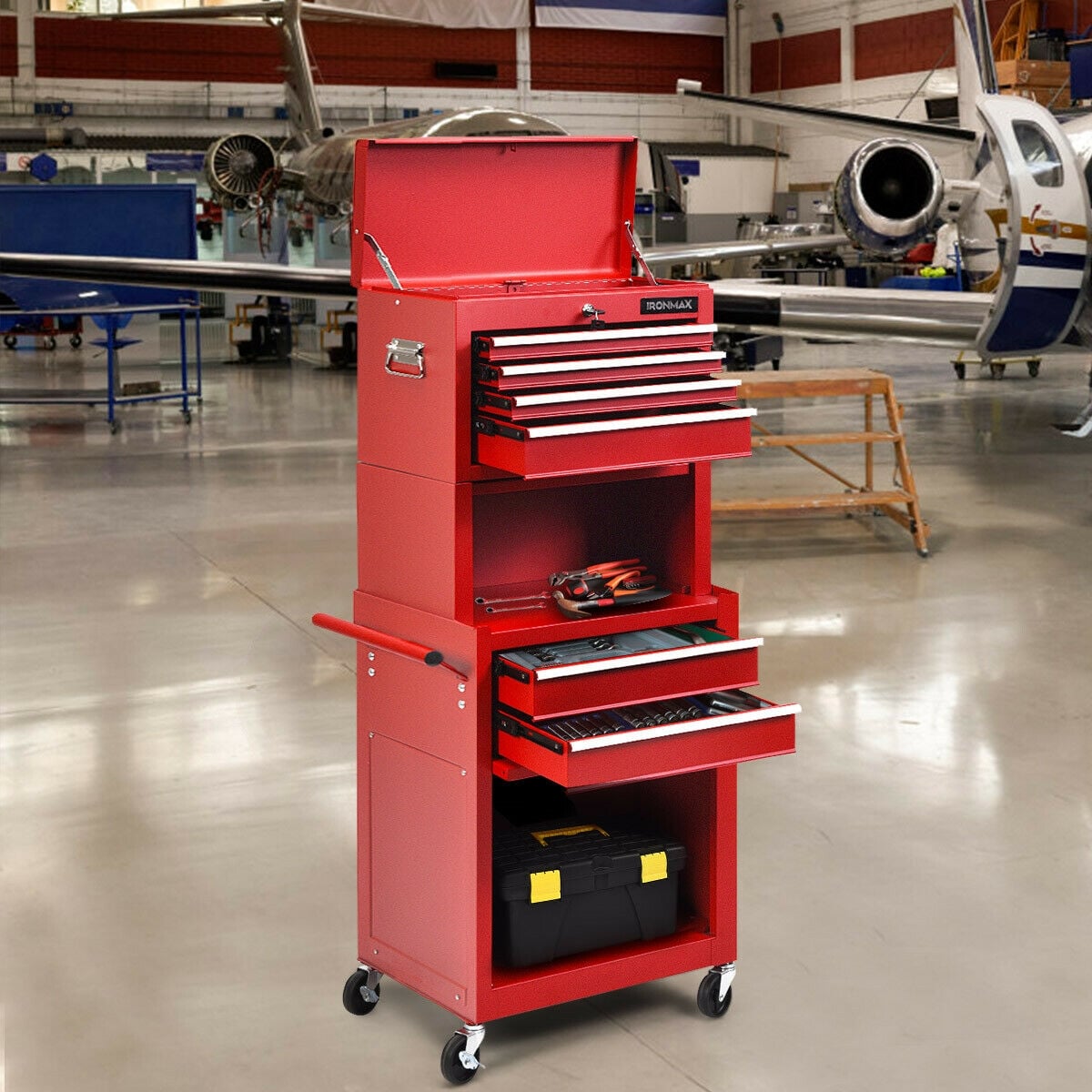 6-Drawer Tool Chest with Heightening Cabinet-Red-Garden Tools-DECOROLALA