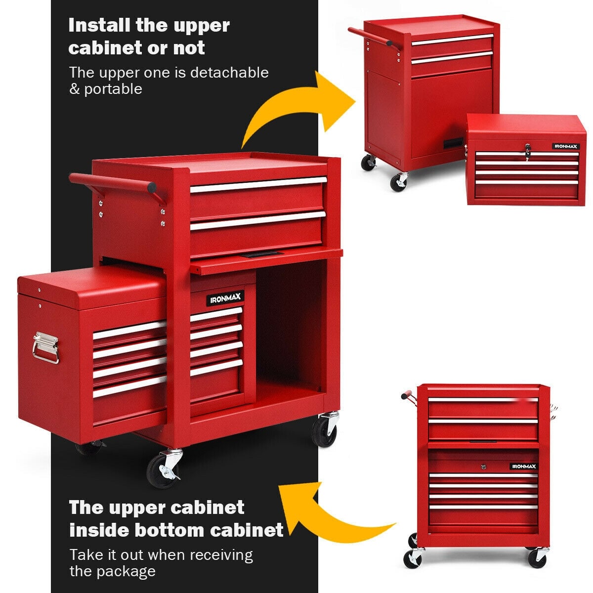 6-Drawer Tool Chest with Heightening Cabinet-Red-Garden Tools-DECOROLALA
